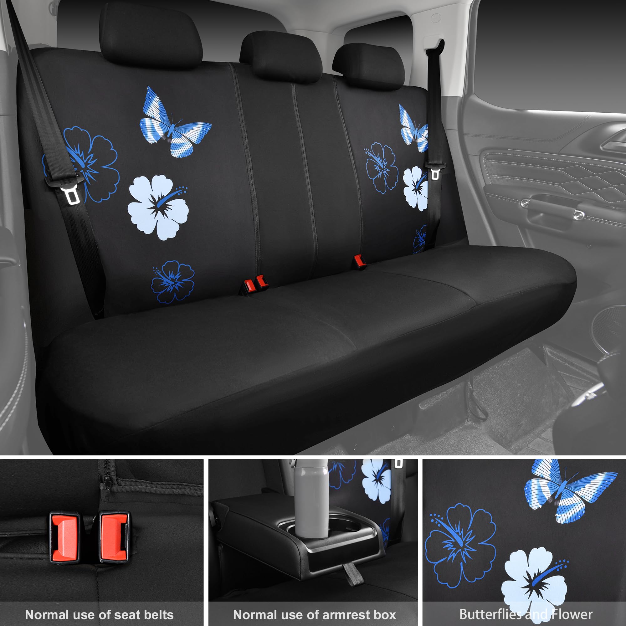 CAR PASS Blue Butterfly Car Seat Covers Full Set - Waterproof Embroidered Flower Car Floor Mats & Steering Wheel Cover - Universal Car Accessories Interior Set (Black & Blue) - Perfect for Sedans, SUVs & Trucks - Enhances Comfort & Protects Vehicle Interior