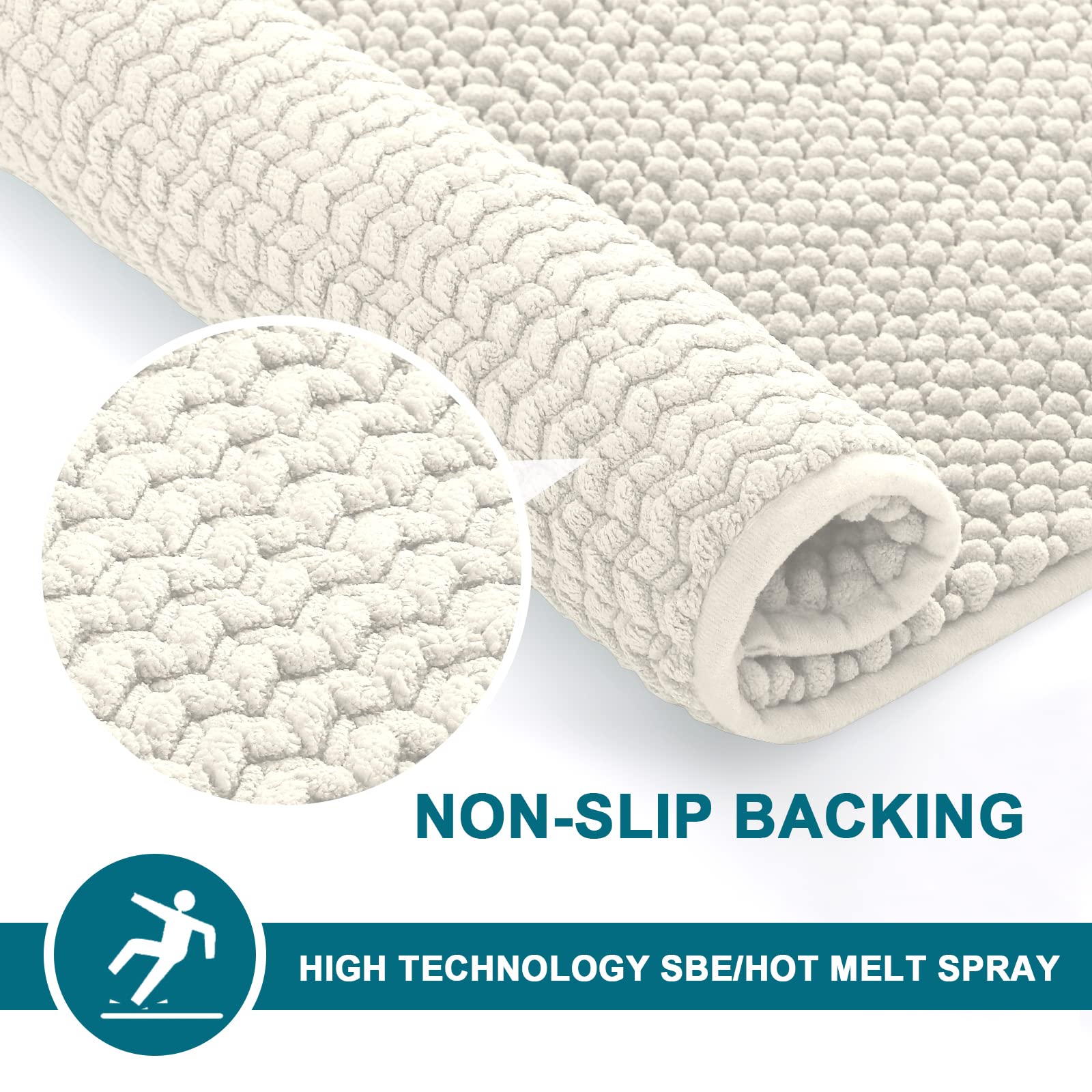 Turquoise Non-Slip Chenille Shaggy Bathroom Rug Mat - Ultra Soft & Absorbent Ivory Bath Mat for Kitchen & Bathroom - 59