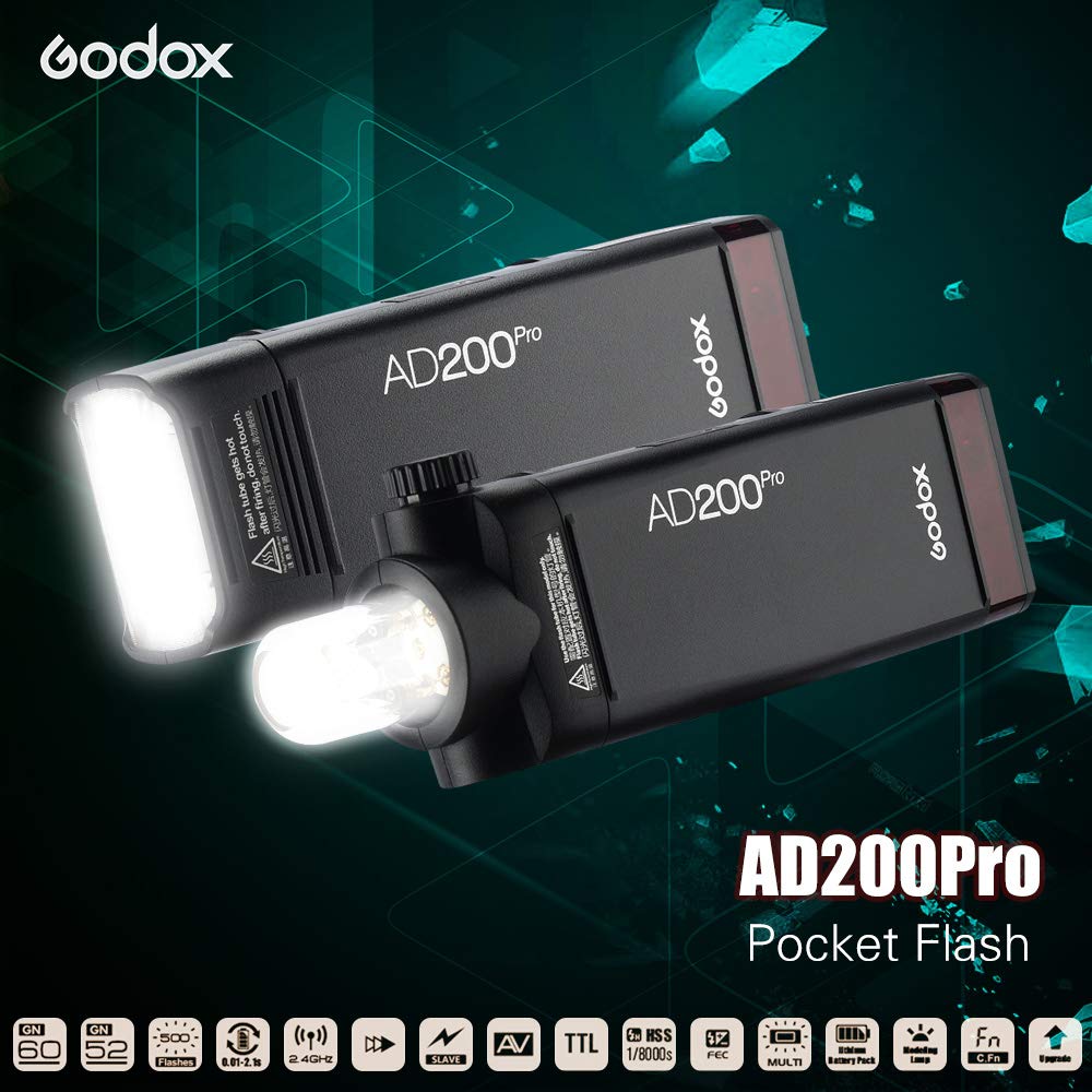 Godox AD200Pro 200WS 2.4G TTL Pocket Flash with 2900mAh Battery - HSS 1/8000s, Speedlite/Bare Bulb Strobe for Nikon, Sony, Fujifilm, Canon, Panasonic, Pentax & Olympus - Perfect for Portrait, Wedding & Studio Photography