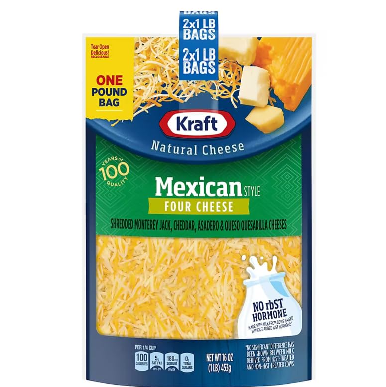 Kraft Mexican Style Four Cheese Blend Shredded Cheese - 2 Pack (1 lb Total) | Perfect for Tacos, Nachos, Quesadillas & Mexican Recipes