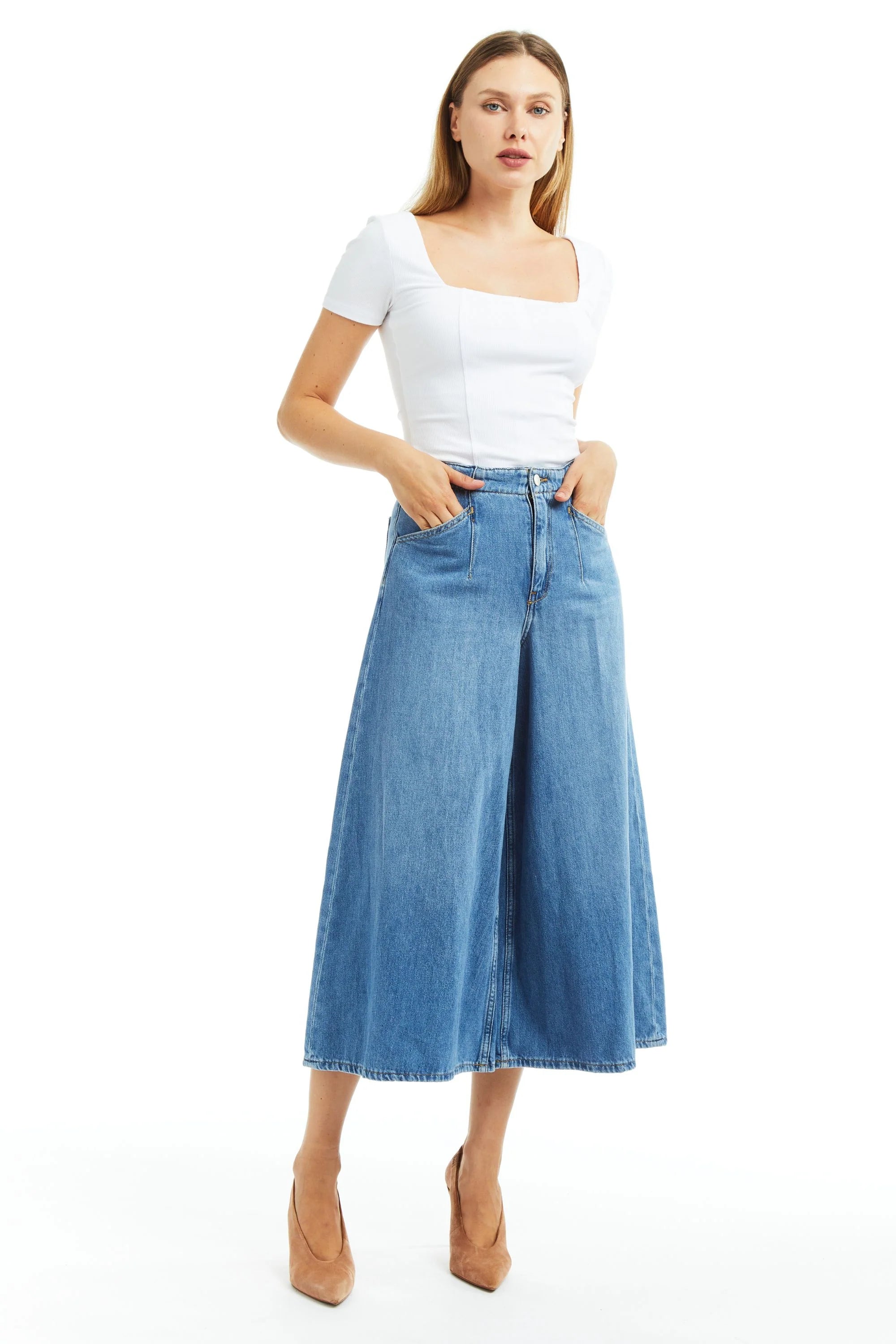 Stylish Denim Culotte with Adjustable Back Buckle - Medium Wash High Waist Wide Leg Pants for Women | Perfect for Casual Outings, Office Wear & Date Nights