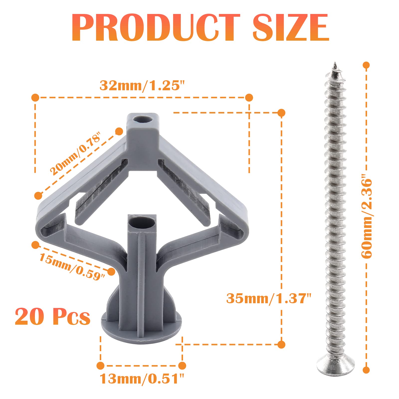 20 Pack Heavy Duty Hollow Wall Anchors with Butterfly Fastener & Stainless Steel Screws for Drywall Mounting - Perfect for Hanging Pictures, Shelves, Mirrors and Home Decor (Grey)