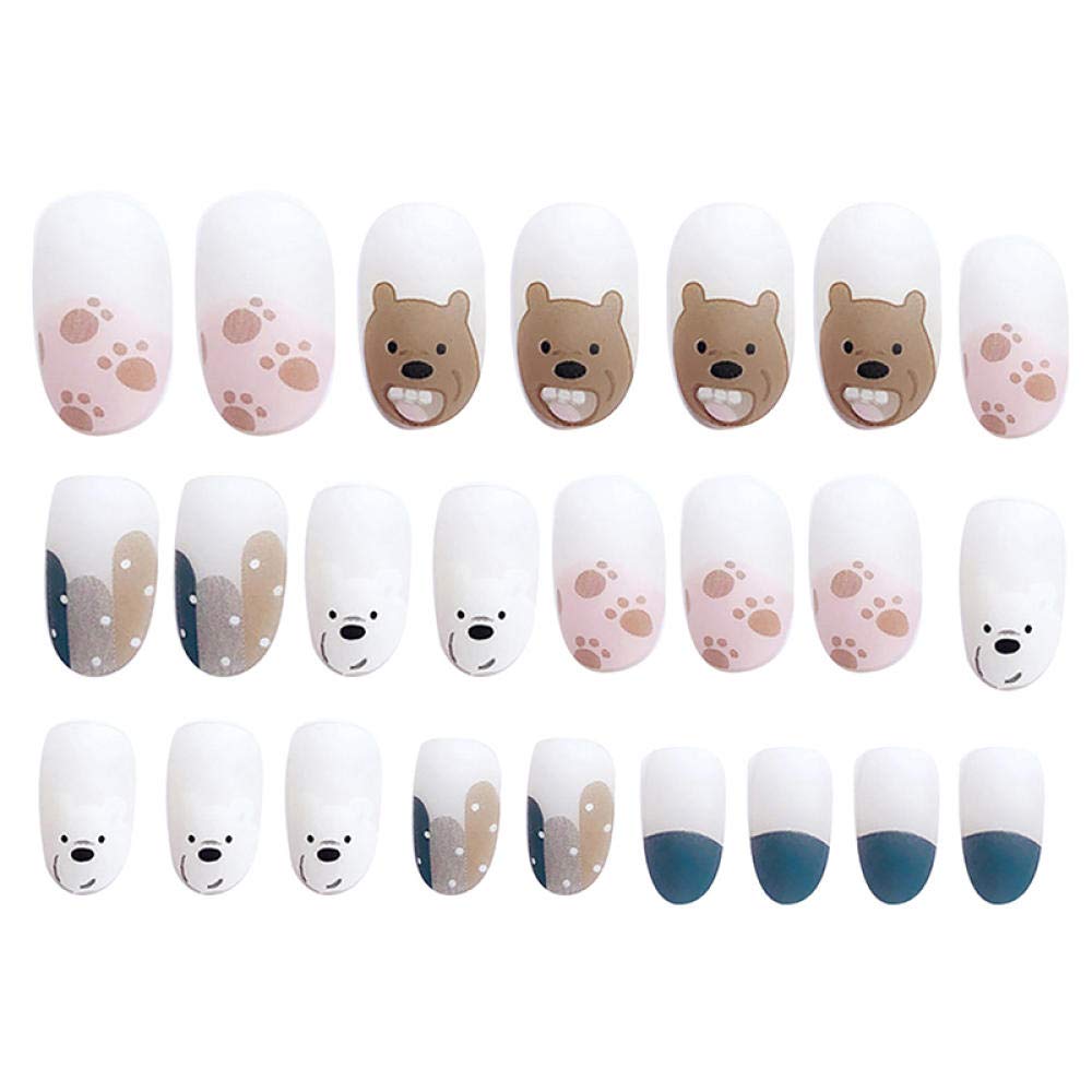 Cute Bear-Shaped Yellow Egg False Nails - Medium Length Round Press-On Nails for Girls - Full Coverage Artificial Nails for Parties, Weddings & Daily Wear