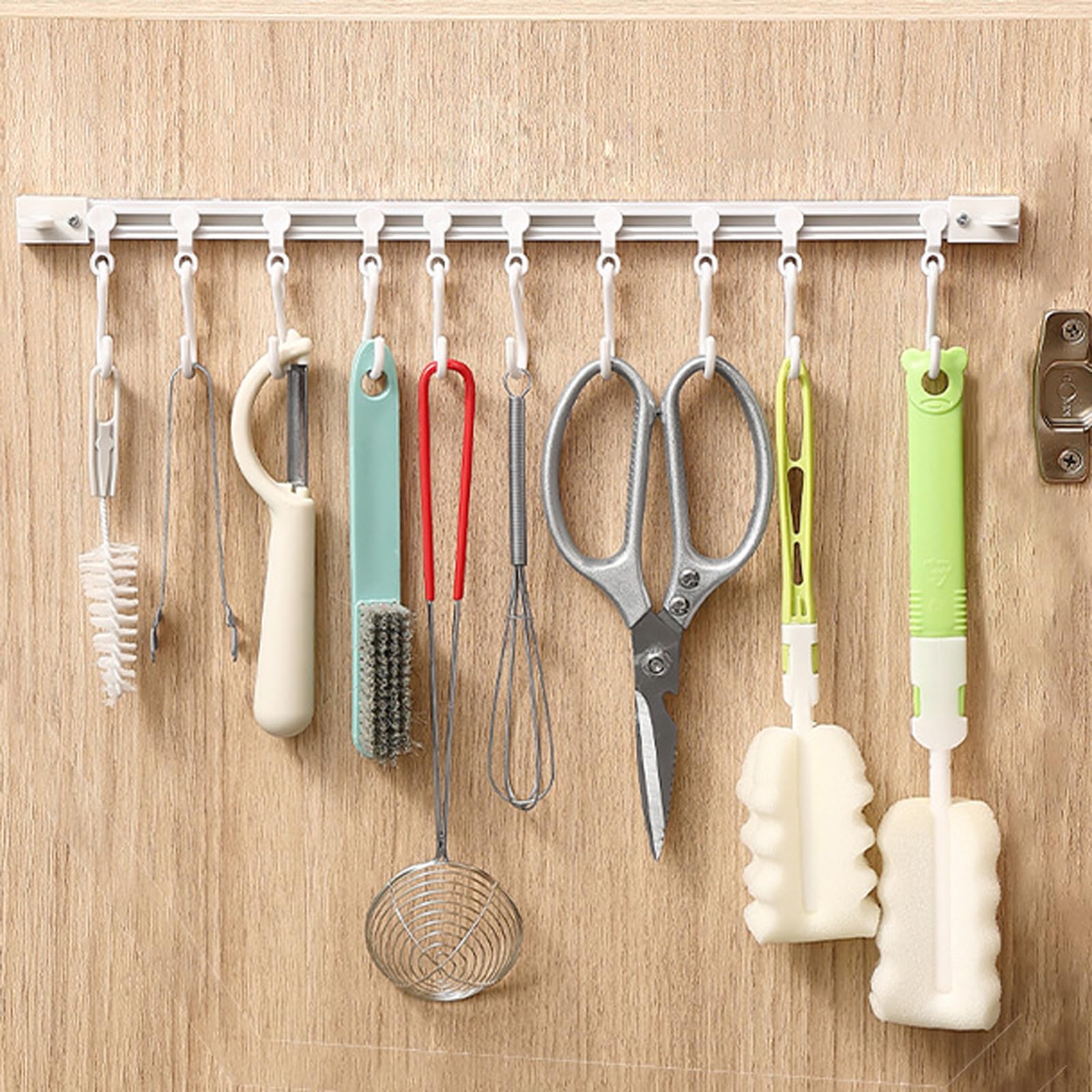 Multifunctional Slide Rail Hook - 10 Hooks Wall Mounted Kitchen Organizer, Adhesive Coat & Pot Rack Hanger for Cabinets (40cm) - Perfect for Kitchen Utensil Storage, Bathroom Towel Hanging & Entryway Key Organization