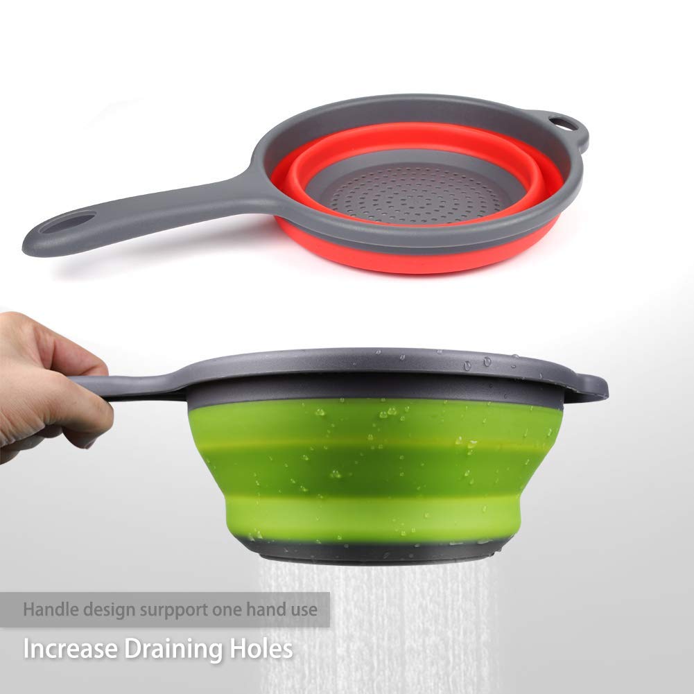 2 Pack Foldable Silicone Colanders with Handles - Space Saving Collapsible Strainer for Pasta, Vegetables, Fruits | Dishwasher Safe Kitchen Strainer for Small Spaces, Camping & RV Cooking (Green & Red)