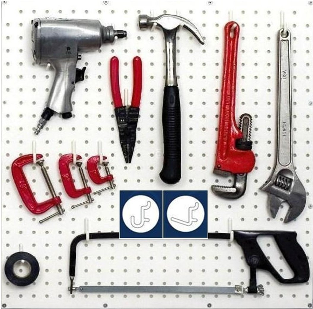 WallPeg White Pegboard Hooks - 100 Pack (50 J & 50 L Style) Flex-Lock Pegboard Hooks for Garage, Workshop & Retail Organization - Durable Pegboard Accessories for Tools & Supplies Storage