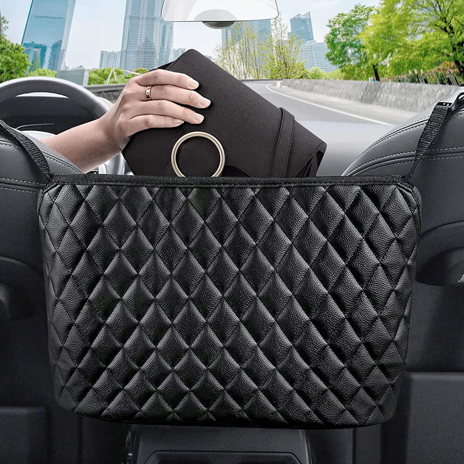 Car Pocket Handbag Holder - Leather Purse Organizer for Front Seat, Barrier for Backseat Pets & Kids, Car Storage Solution for Purse, Phone, and Essentials - Perfect for Commuting, Road Trips, and Daily Errands