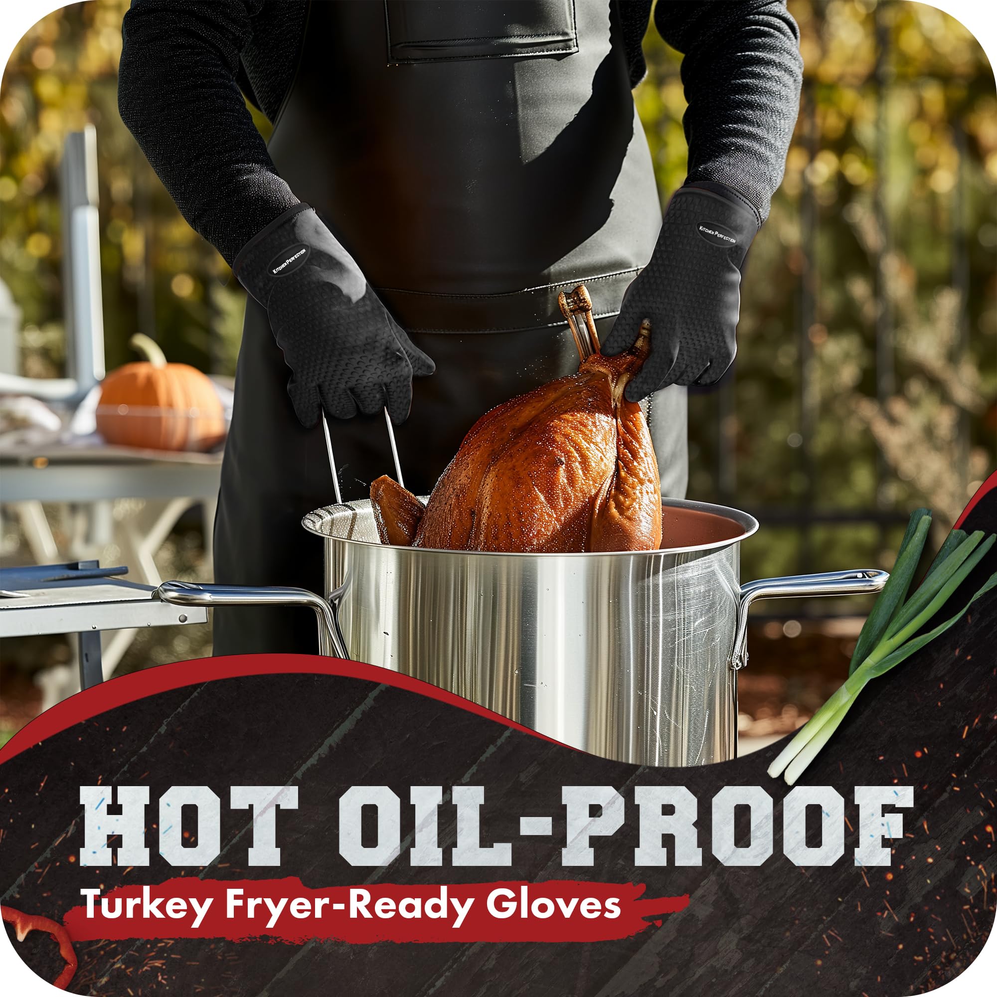 KITCHEN PERFECTION Heat Resistant Silicone BBQ Gloves for Smoker, Oven & Grill - Waterproof Oven Mitts for Extreme Temperatures - Premium Value Set with 3 Bonus Accessories - Perfect for Smoking, Grilling, Frying & Outdoor Cooking