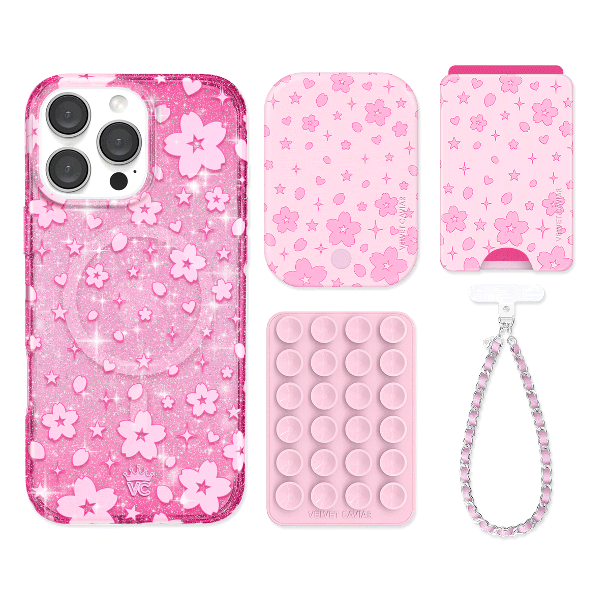 Cherry Blossom Glitter iPhone Case with Wallet - Cute Floral Phone Cover & Card Holder for Women - Perfect for Spring Outfits, Travel, and Everyday Use
