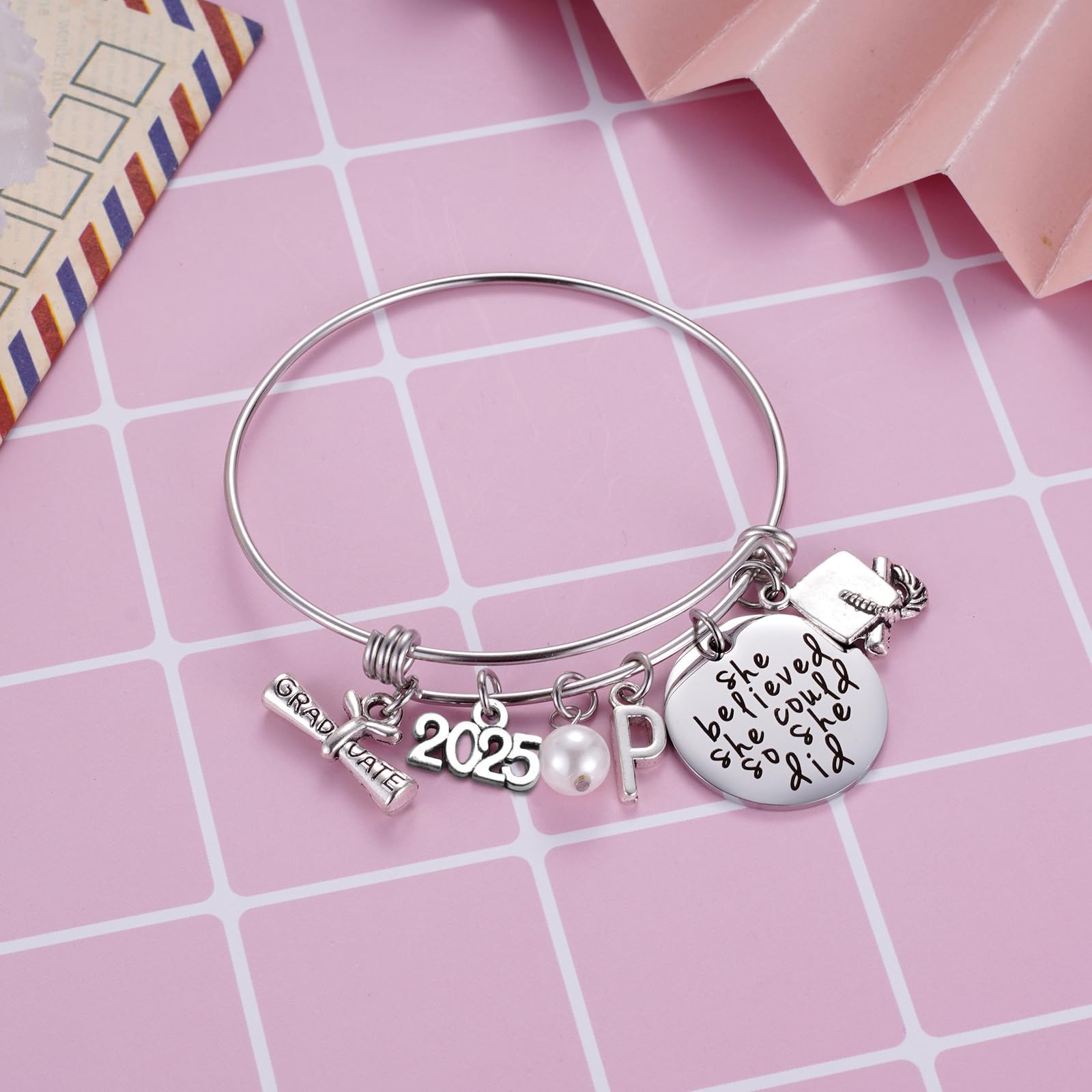 Ukodnus Class of 2025 Graduation Bracelet - Inspirational Senior Gift for High School & College Graduates - Personalized 26 Initial Charm Bracelet for Women - Perfect Graduation Party, Commencement & Achievement Celebration Gift