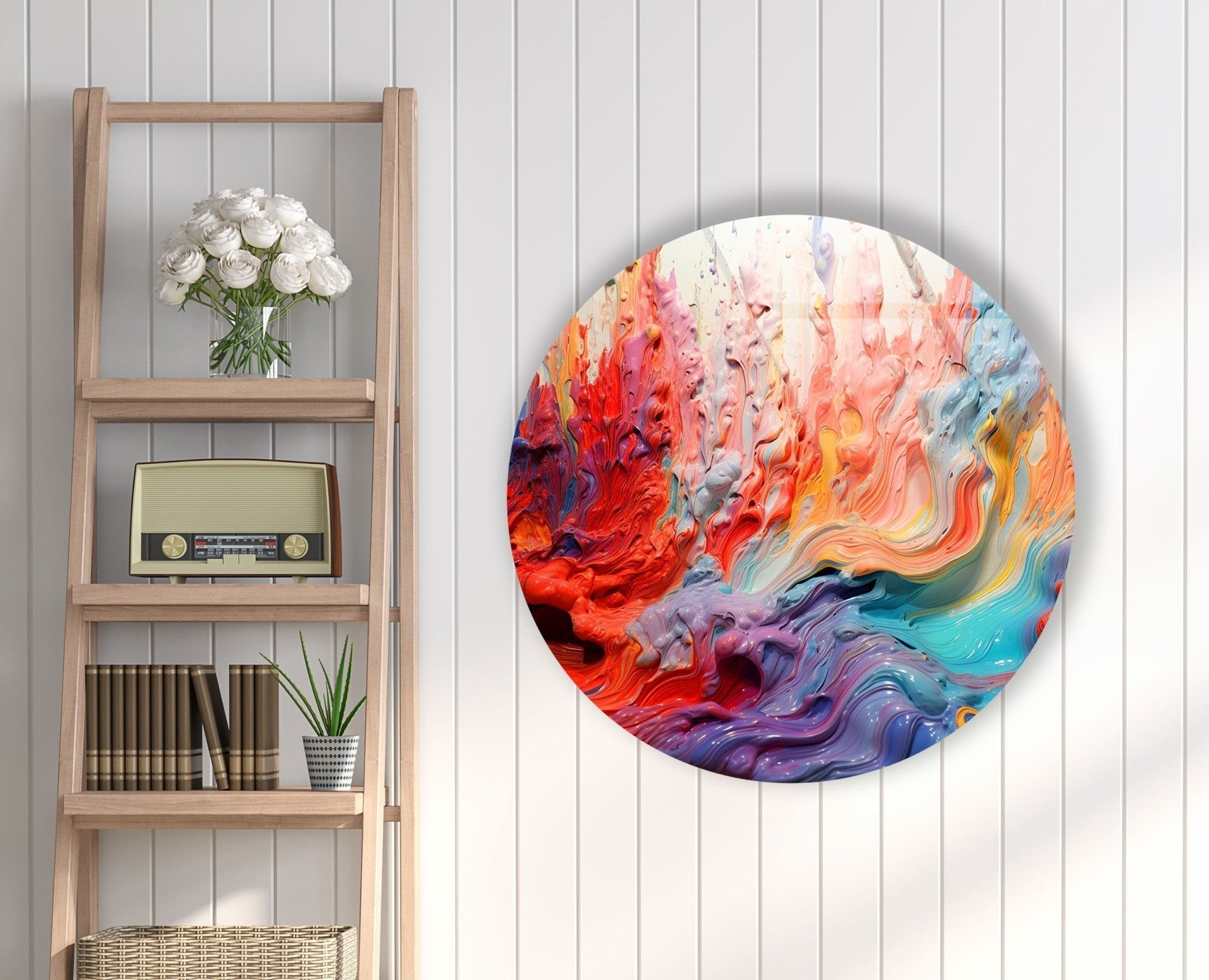 Abstract Round Pink Oil Art Glass Wall Decor - Modern Handmade Glass Painting for Living Room, Bedroom & Office