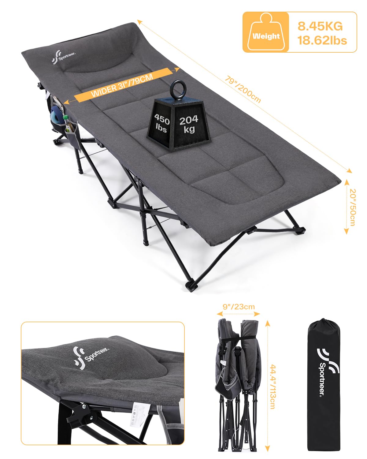 Sportneer Extra Wide Heavy Duty Folding Camping Cot for Adults - Padded Cushion with Headrest, Portable Sleeping Bed for Camping, Tent, Office & Travel - Durable Foldable Cot for Outdoor Adventures & Guest Accommodation
