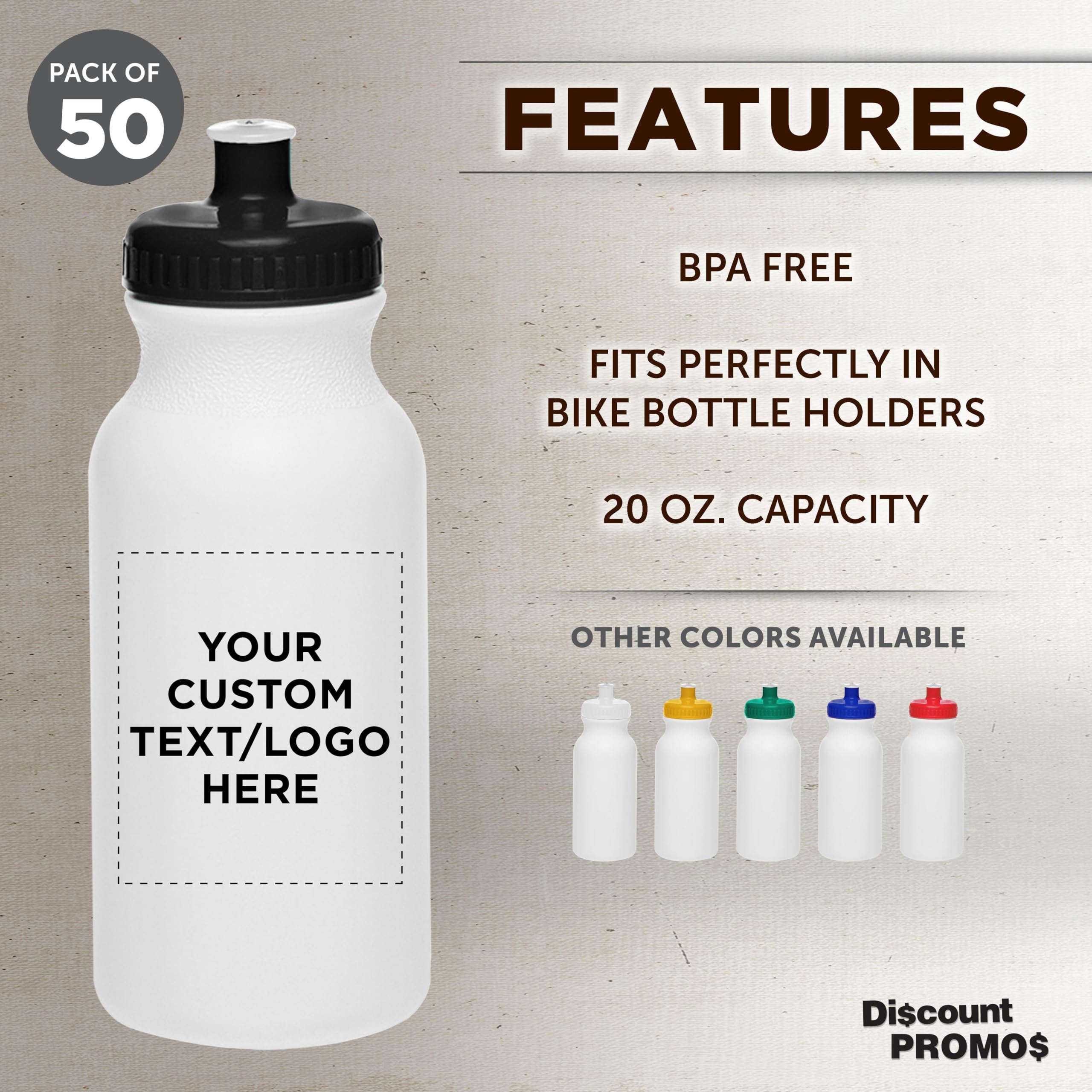 Custom White Water Bottles with Push Cap - 50 Pack, Personalized Text & Logo, 20 oz BPA-Free Reusable Squeeze Bottles in Bulk (White/Black) - Ideal for Promotions, Events, Gyms & Outdoor Activities
