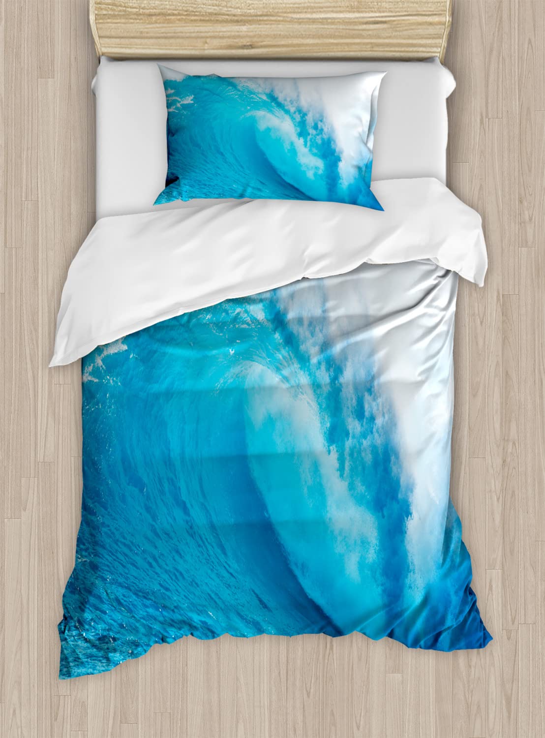 Ambesonne Ocean Duvet Cover Set - Twin Size 2-Piece Wavy Water Sports Print Bedding with 2 Pillowcases | Surfing & Beach Theme for Summer Holidays, Coastal Bedroom Decor | Aqua White