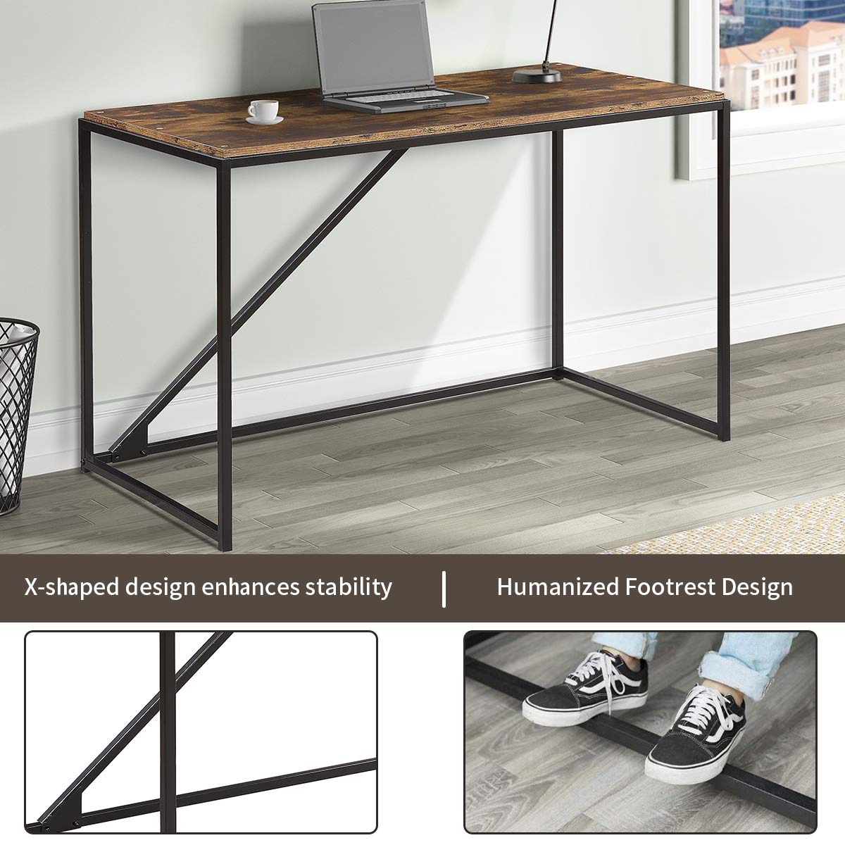 46-Inch Home Office Computer Desk - Modern Industrial Style Small Study Desk with Metal Frame, Easy Assembly for Laptop & Workspace (Brown) | Perfect for Home Office, Dorm Room & Small Spaces