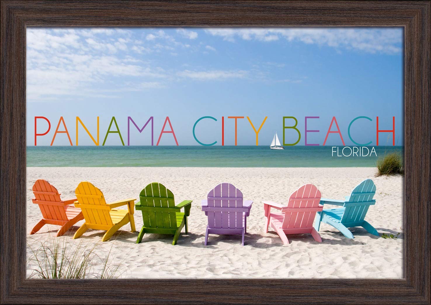 Florida Panama City Beach Colorful Beach Chairs - 12x18 Giclee Fine Art Print with Recycled Wood Frame in Espresso Brown - Perfect for Coastal Home Decor, Beach House Wall Art & Vacation Memory Display