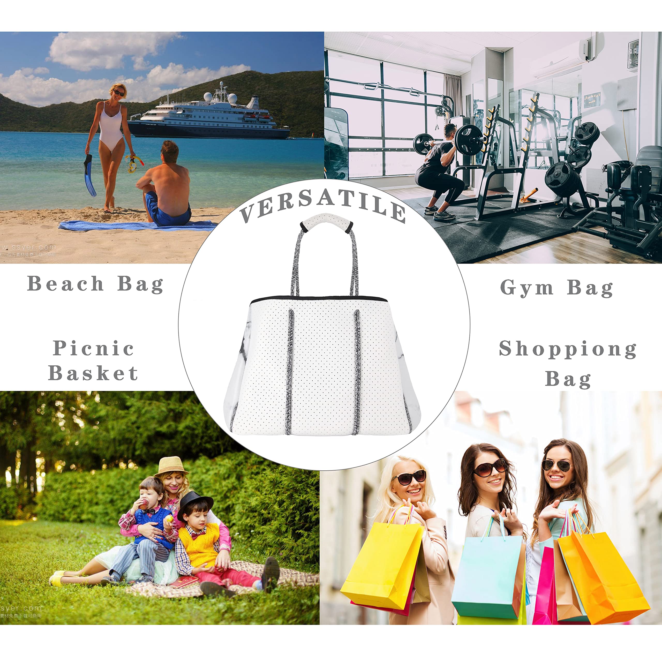 Waterproof Neoprene Tote Bag for Women & Men - Lightweight Beach Shoulder Bag for Summer, Travel, Pool, Gym & Shopping - Durable Reusable Grocery Bag