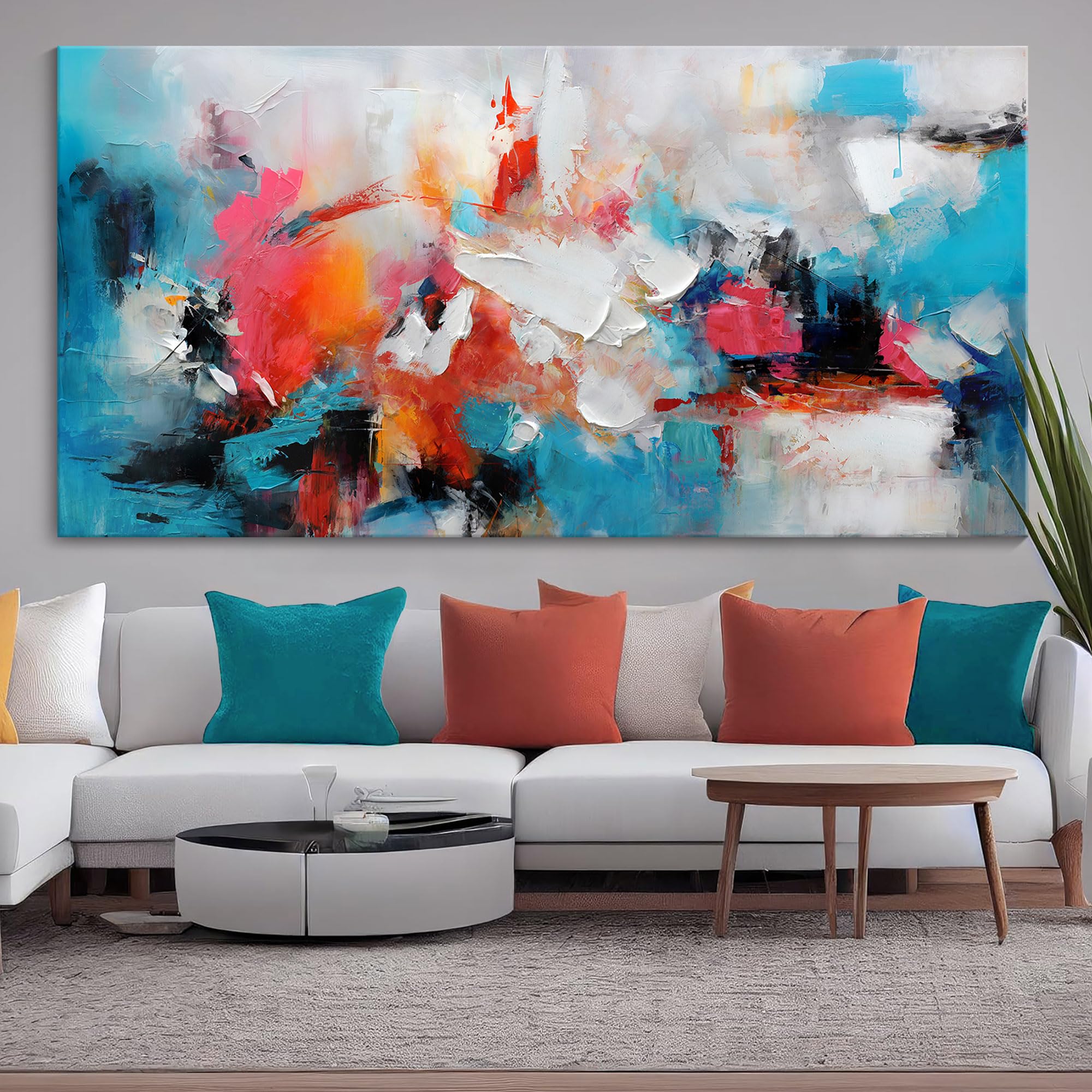 Large Abstract Wall Art Canvas - Hand-Painted Blue and Pink Modern Painting for Living Room, Bedroom, Office & Dining Room Decor - 29×58 Inch Wall Decor for Home & Workspace