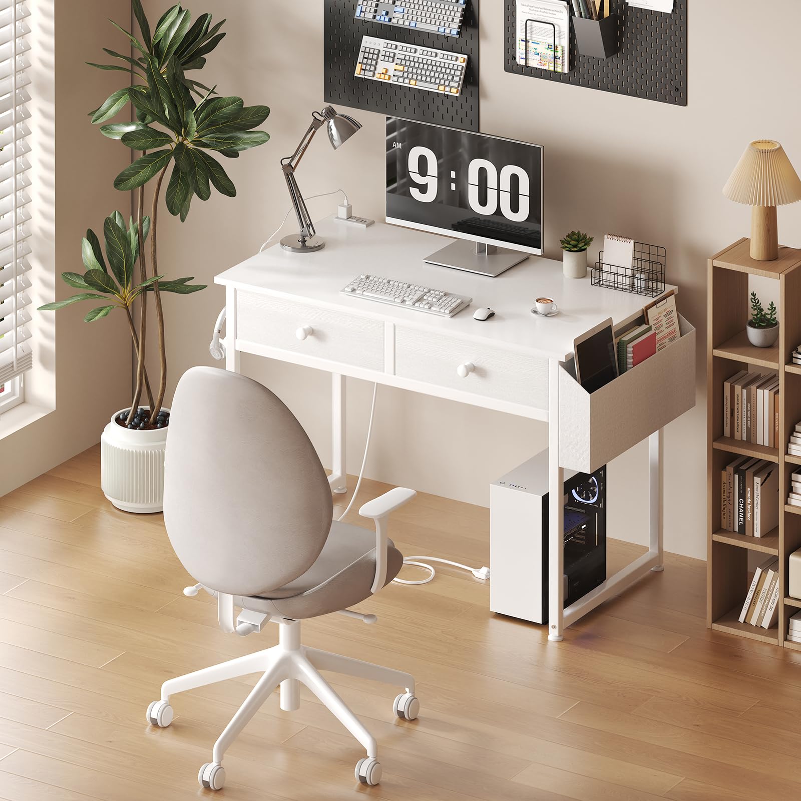 Modern White Makeup Vanity Desk Set with Fabric Drawers & Power Outlet - Small Dressing Table with Matching Chair for Girls Bedroom - Perfect for Beauty Routine, Cosmetics Storage & Bedroom Decor