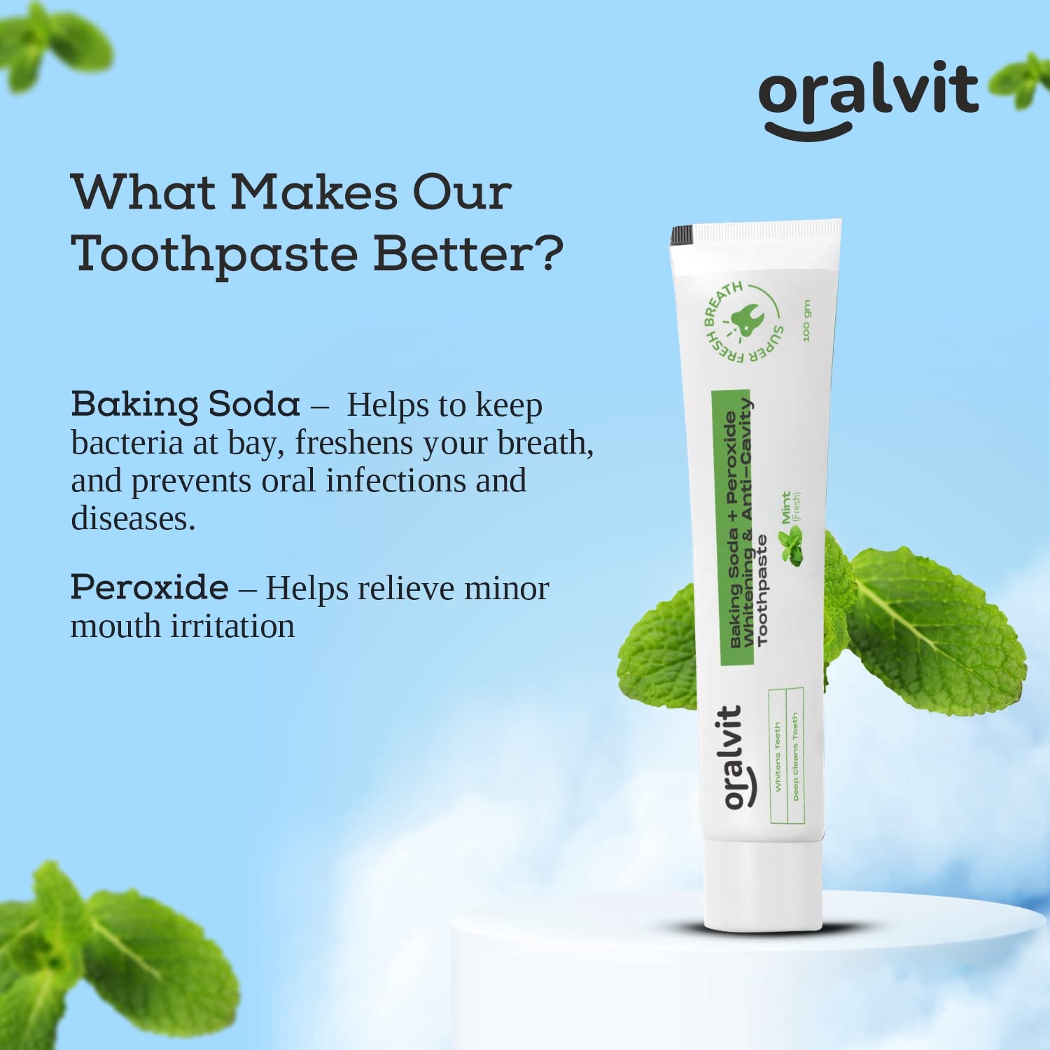 Oralvit Baking Soda & Peroxide Whitening Toothpaste for Teeth Whitening, Cavity Protection & Fresh Breath | Mint Flavor Toothpaste (100g) | Deep Cleaning Formula for Daily Oral Care & Stain Removal