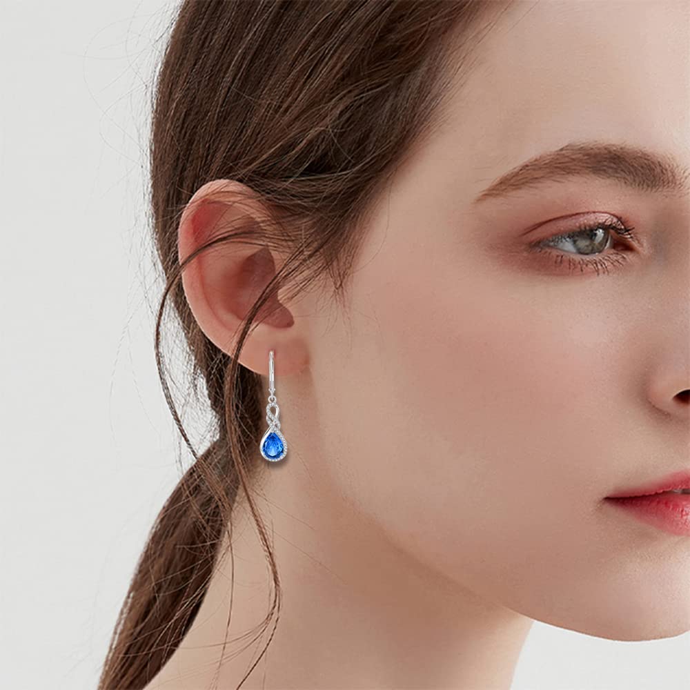 CZ Teardrop Earrings for Women - 925 Sterling Silver Infinity Leverback Earrings with Birthstone, 7x9mm Dangle Drop Jewelry - Perfect Birthday Gift for Wife, Her, Women | Elegant for Parties, Weddings, Date Nights