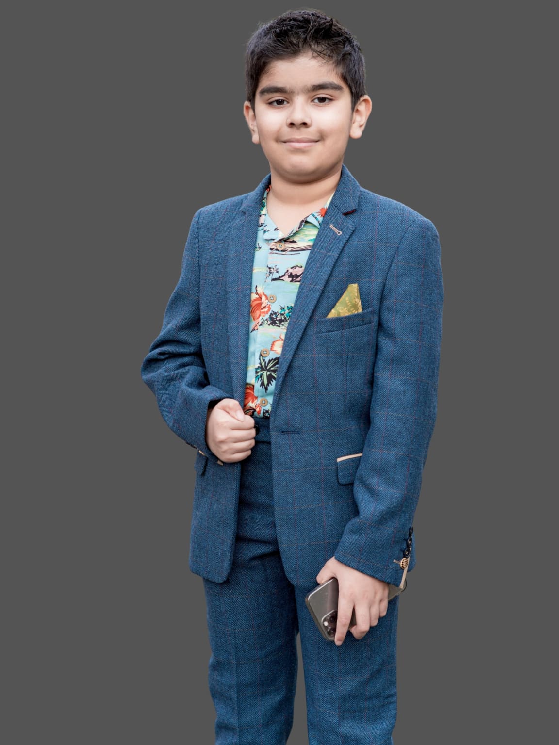 Marc Darcy Dion Boys' Blue Tweed Check 3-Piece Suit | Formal Wear for Weddings, School Photos & Special Occasions