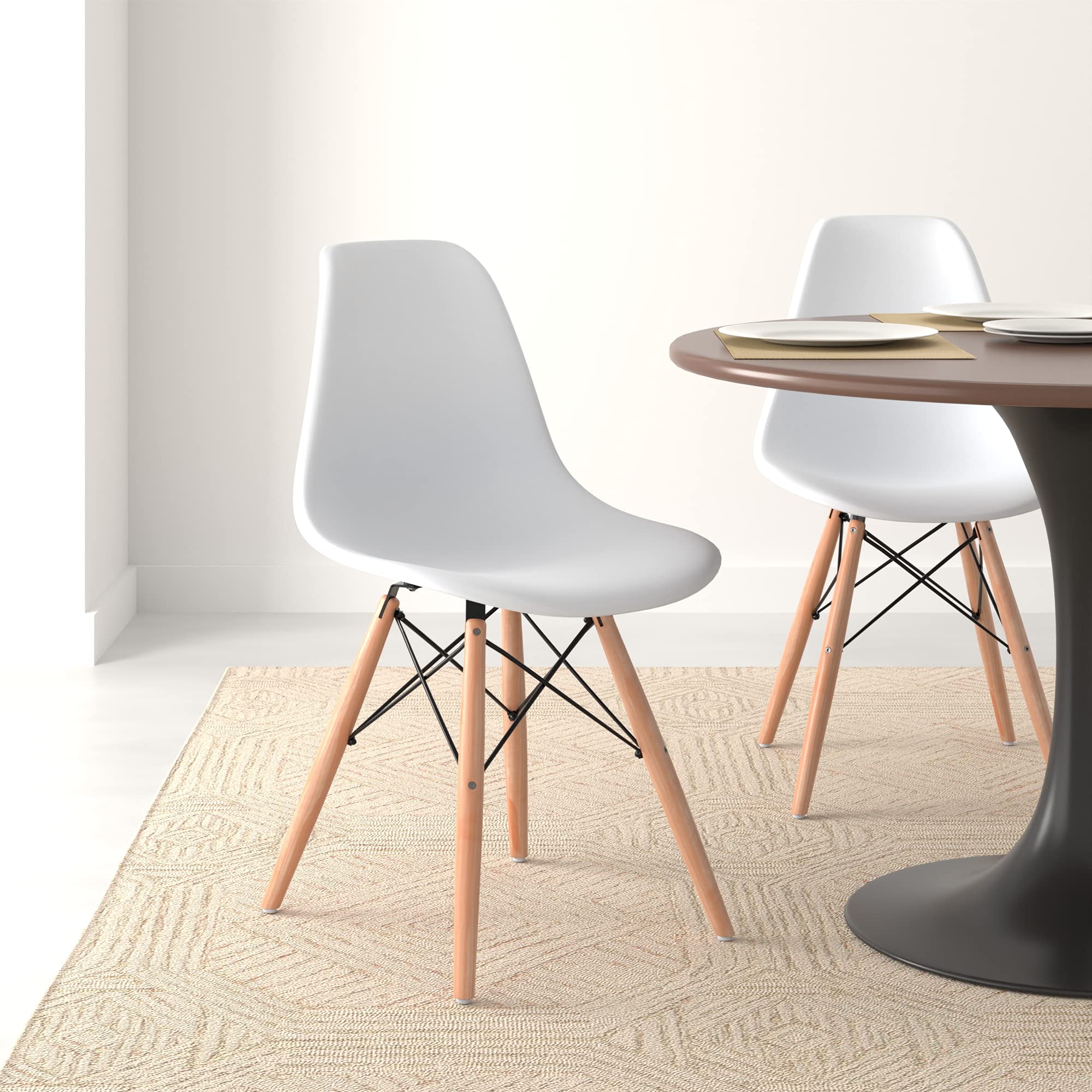 Amazon Basics Modern Dining Chairs Set of 4 - White Shell Design with Wooden Legs for Kitchen, Dining Room & Living Room - 18.11