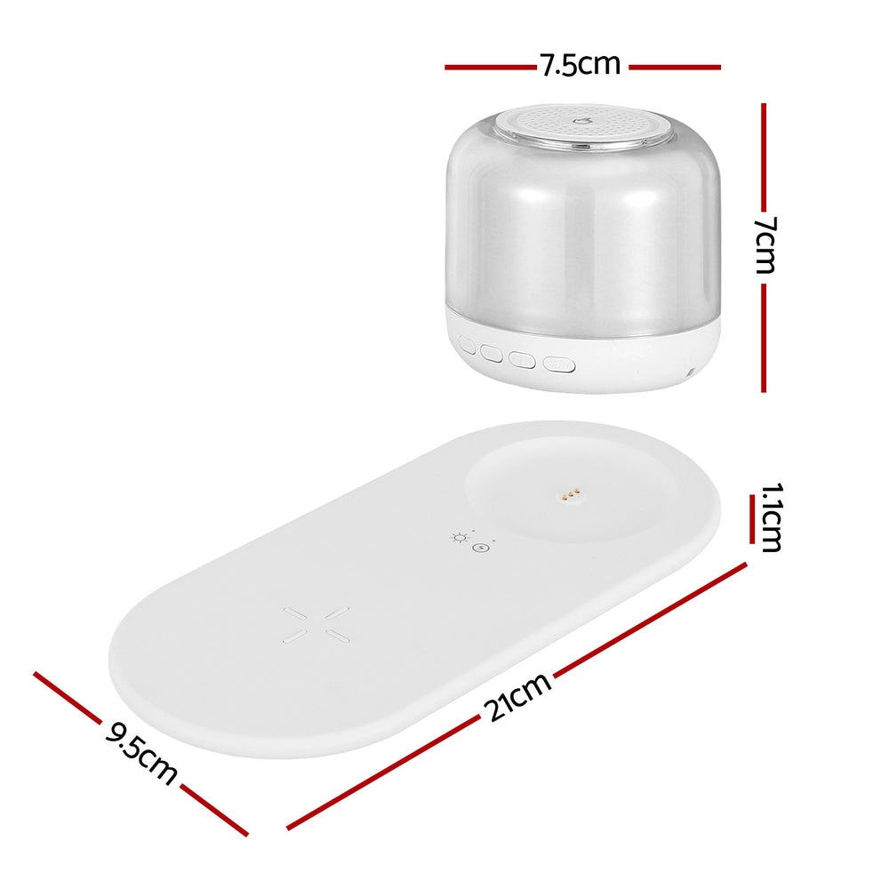 Devanti 3-in-1 Wireless Charger with 15W Fast Charging, RGB LED Lights & Bluetooth Speaker - Compatible with iPhone, Samsung & Qi-Enabled Phones for Bedroom, Office & Travel Use