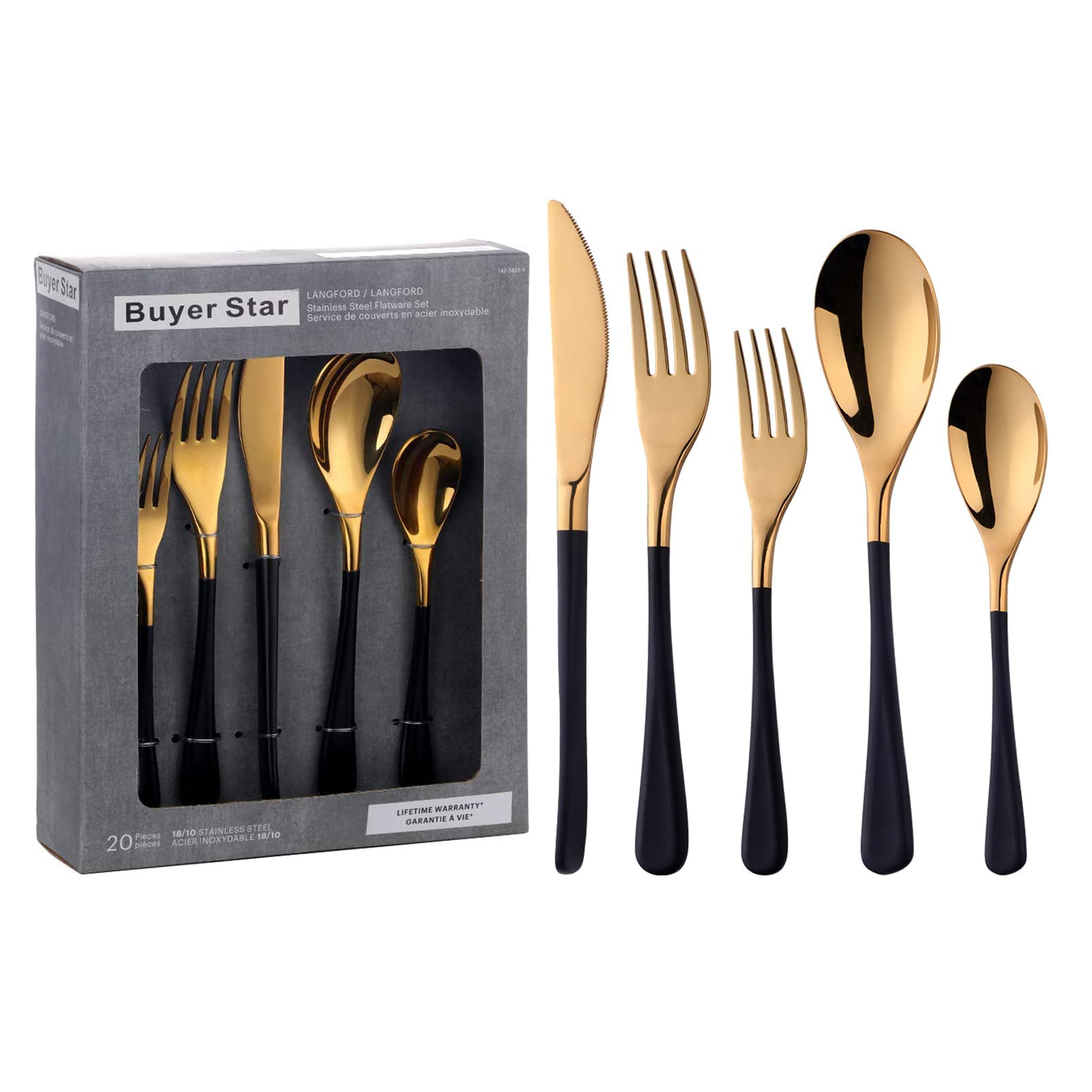 YDware 20-Piece Stainless Steel Flatware Set for 4 - Dinner Spoons, Dessert Forks & Knives - Mirror Polished Dishwasher Safe Cutlery Set (Black Gold) - Perfect for Dinner Parties, Restaurants, and Home Dining