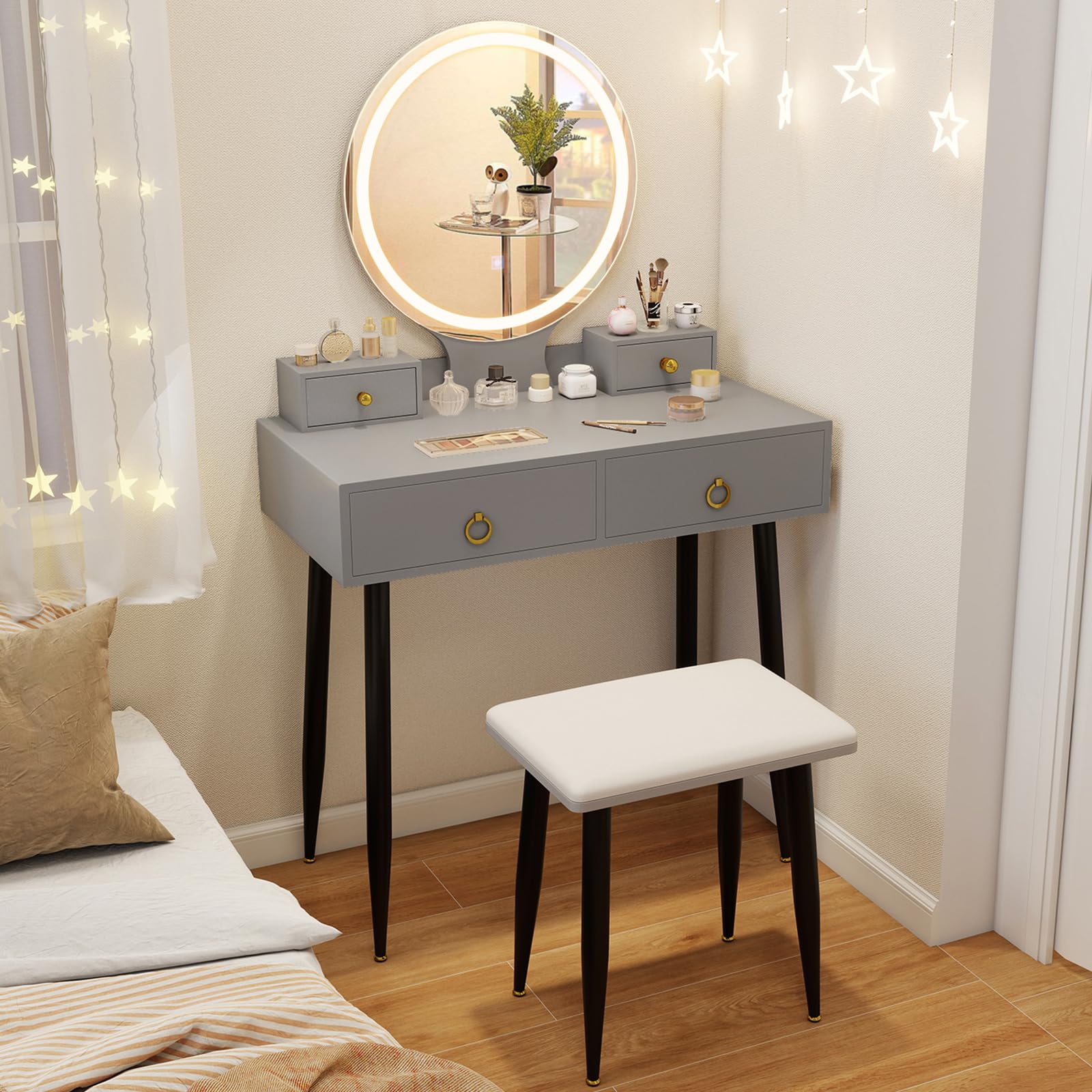 Charmaid Vanity Desk with Mirror & LED Lights - Modern Makeup Vanity Table with 4 Storage Drawers, 3 Lighting Modes & Adjustable Brightness - Gray & Black Dressing Table with Stool for Bedroom, Bathroom & Dorm Room