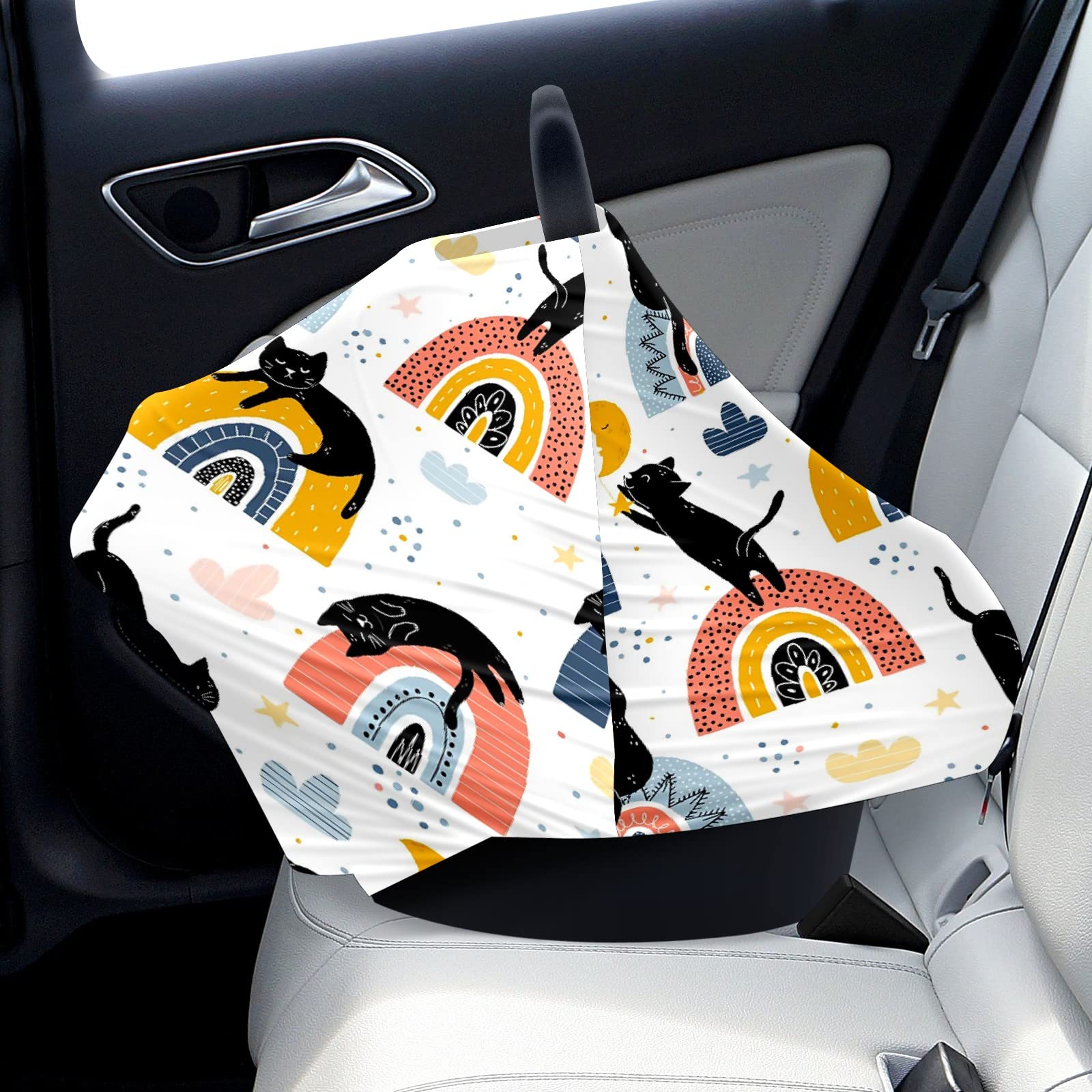 Black Cats and Rainbows Baby Car Seat Cover & Nursing Scarf – Soft Stretchy Universal Infant Car Canopy for Boys & Girls – Perfect for Strollers, Breastfeeding, and Outdoor Protection