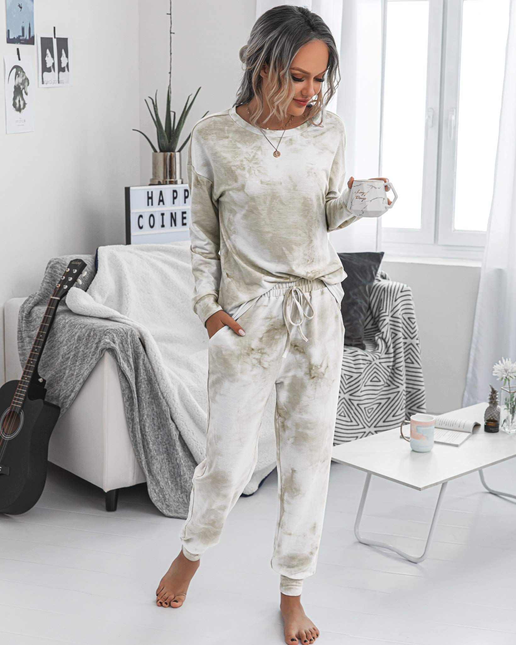 TSMNZMU Women's Tie Dye Pajama Set - 2 Piece Long Sleeve Sleepwear with Pockets, Soft Pullover Top & Jogger Pants for Lounge, Sleep & Relaxation at Home