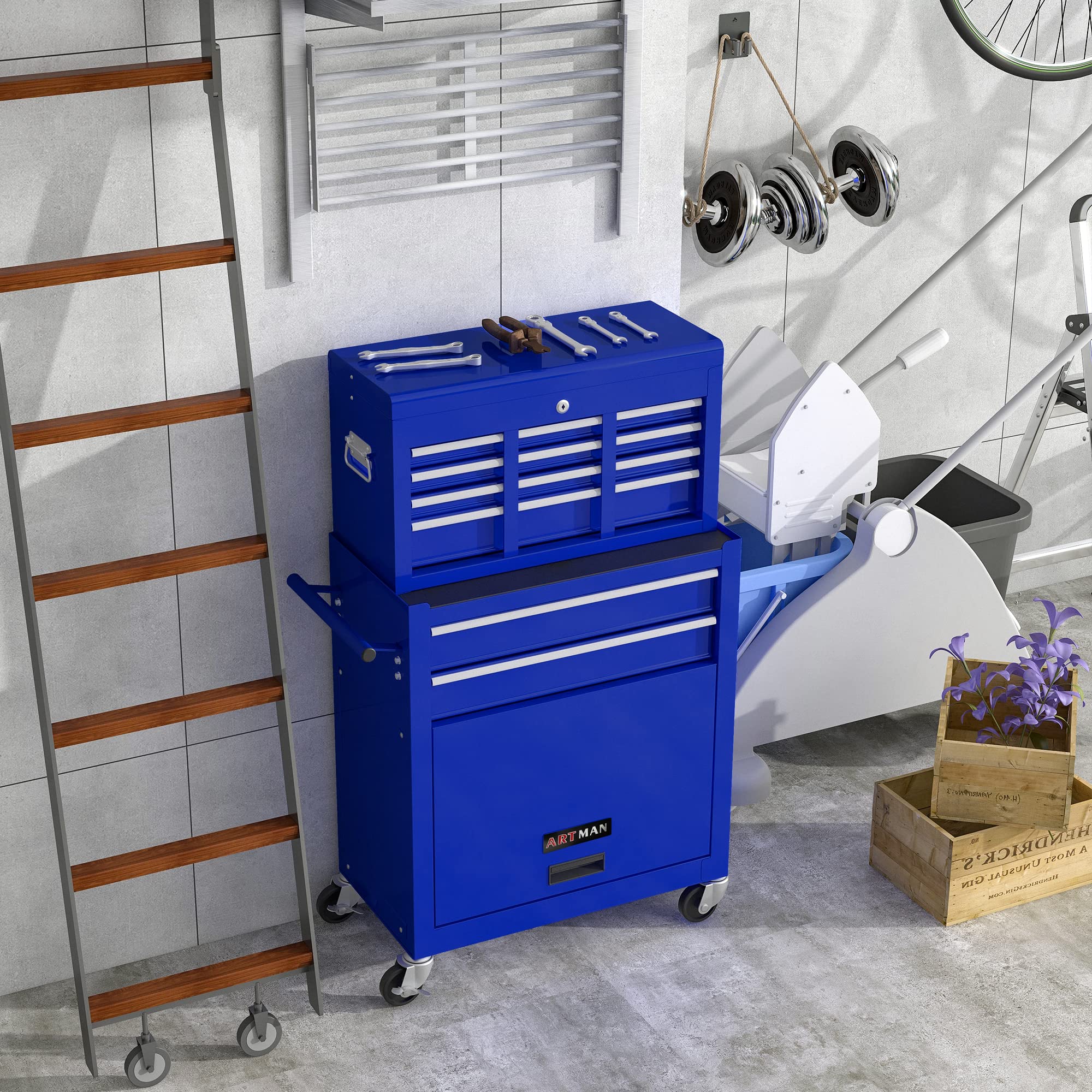 8-Drawer Rolling Tool Chest with Sliding Metal Drawers - Heavy Duty Tool Storage Cabinet & Organizer for Workshop, Garage, Auto Repair - Blue Toolbox for Professional Mechanics & DIY Enthusiasts