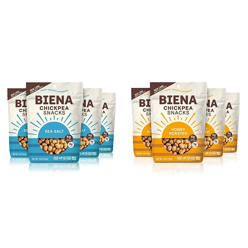Biena Crispy Roasted Chickpea Snacks Bundle - Sea Salt & Honey Roasted (4-Pack) | Healthy Vegan Protein Snacks for Work, Travel & On-The-Go | Gluten-Free Crunchy Chickpeas