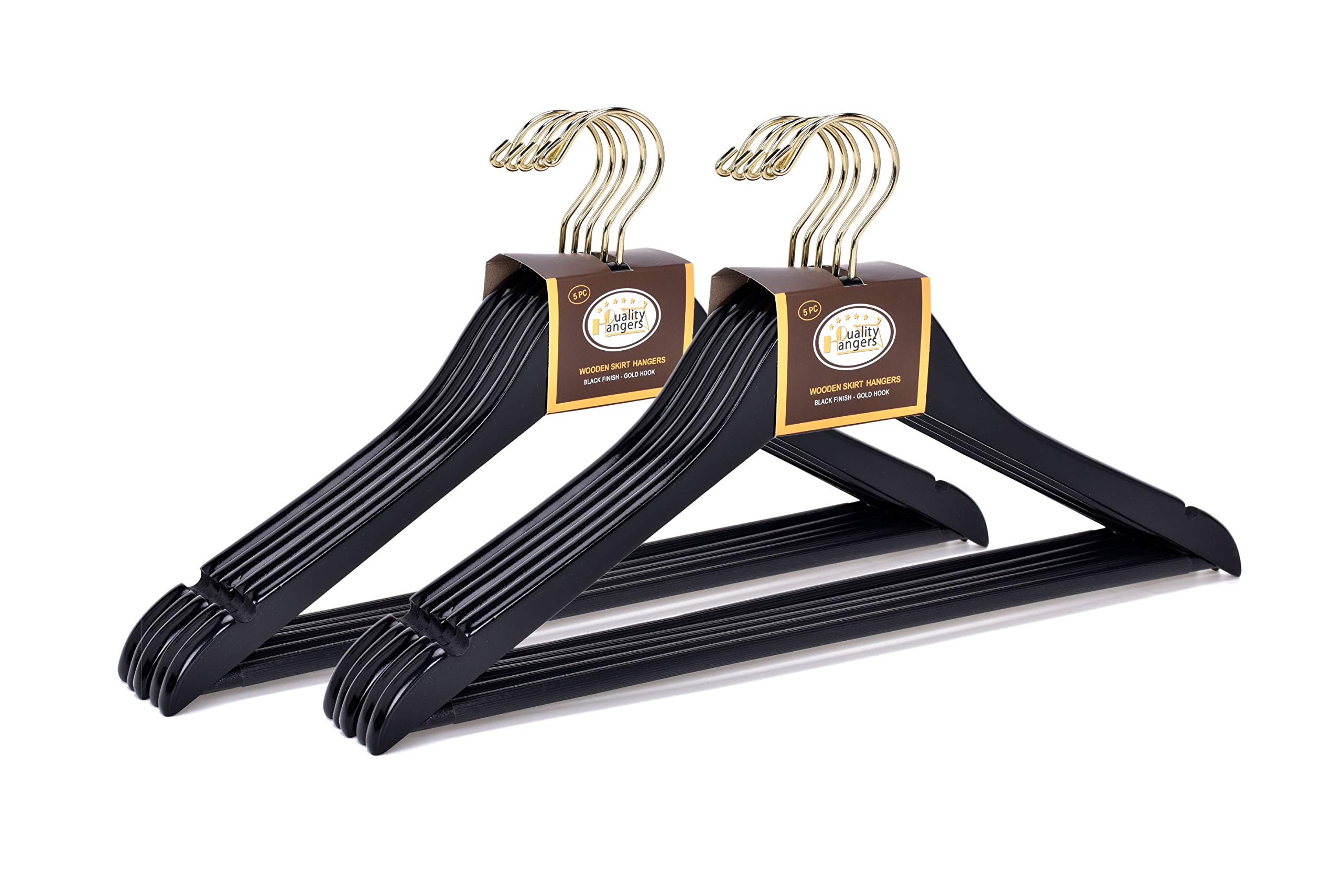 Premium Black Wooden Clothes Hangers Set - 10 Heavy Duty Curved Hangers with Chrome Hooks for Wardrobe Organization | Ideal for Closet, Laundry Room & Travel Packing