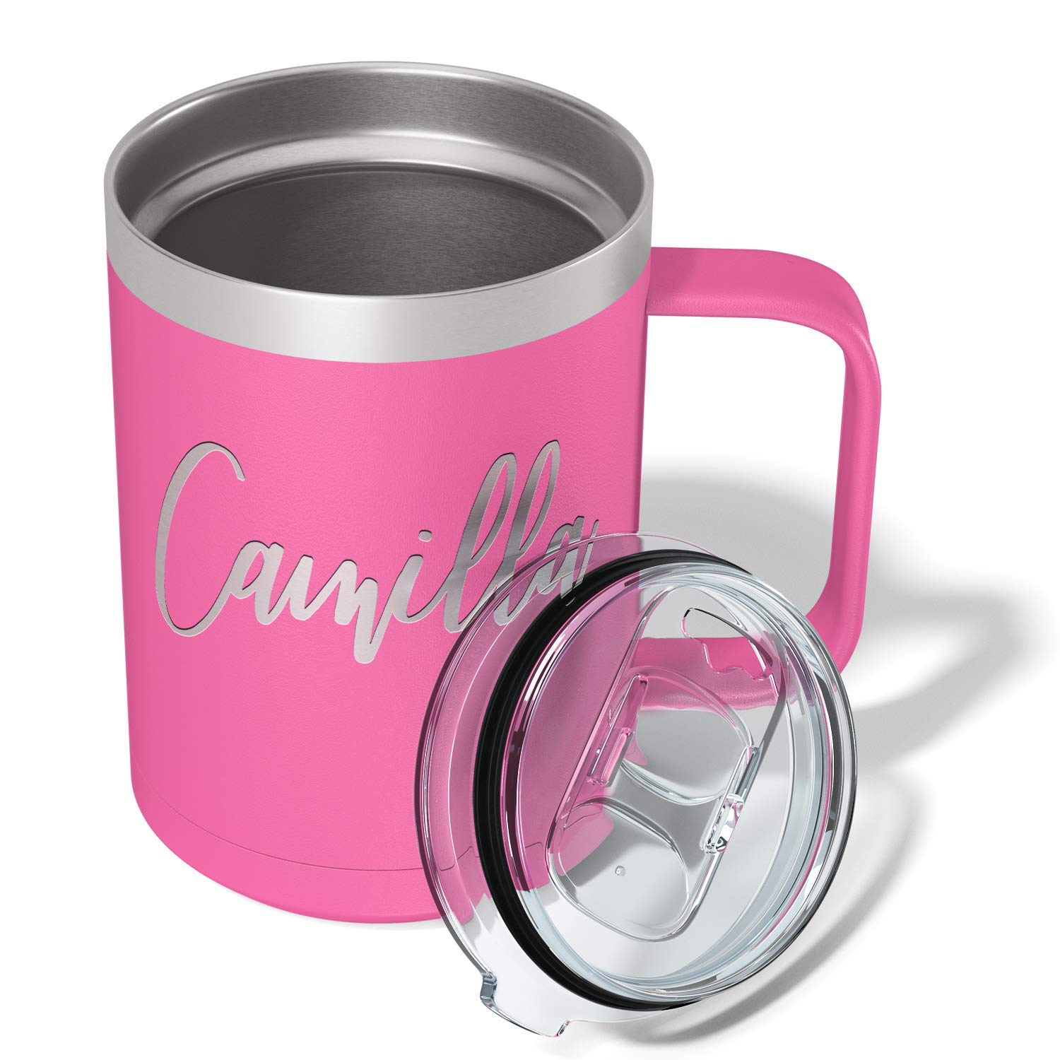 Personalized Pink Matte Finish 15 oz Stainless Steel Vacuum Insulated Coffee Mug with Handle - Custom Engraved Gift for Her, Perfect for Office, Home & Travel Use
