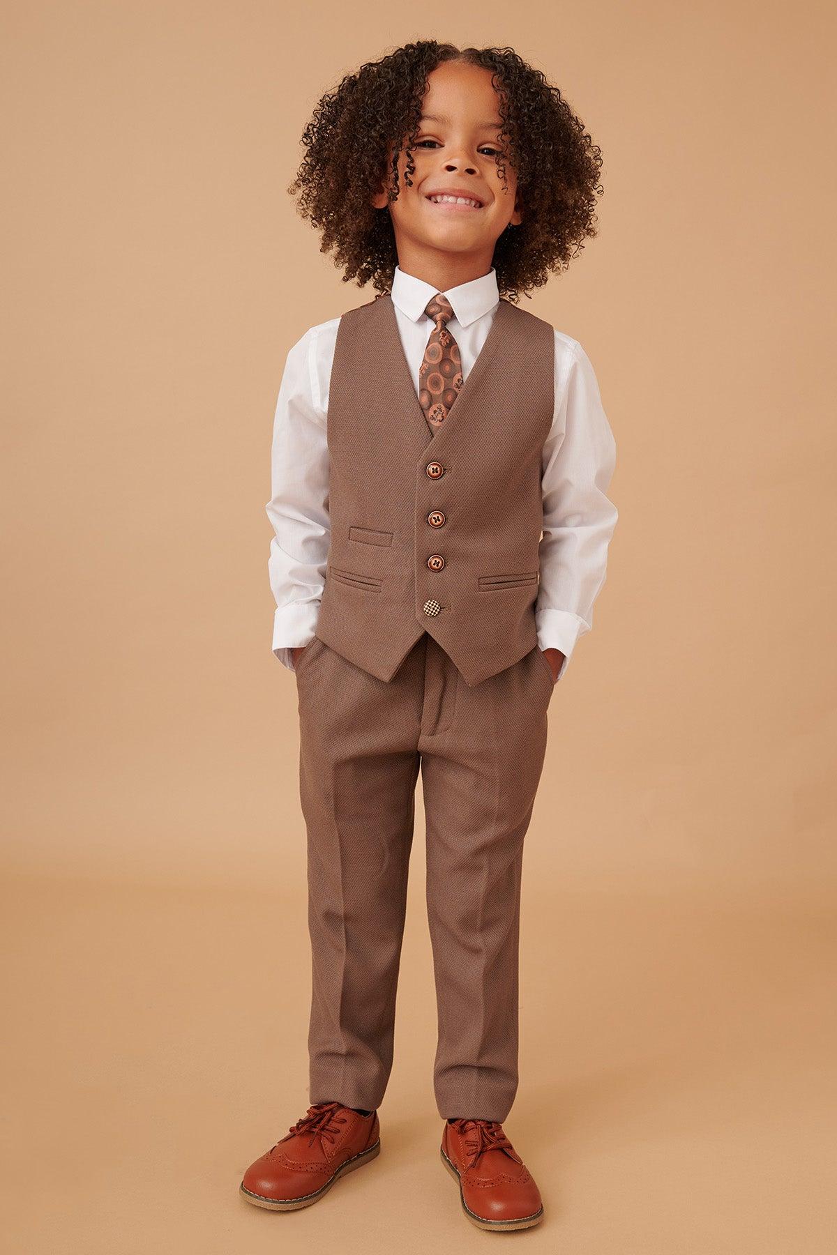 HM5 Kids' Tan Tailored 3-Piece Suit for Boys | Formal Wear for Weddings, School Photos & Special Occasions