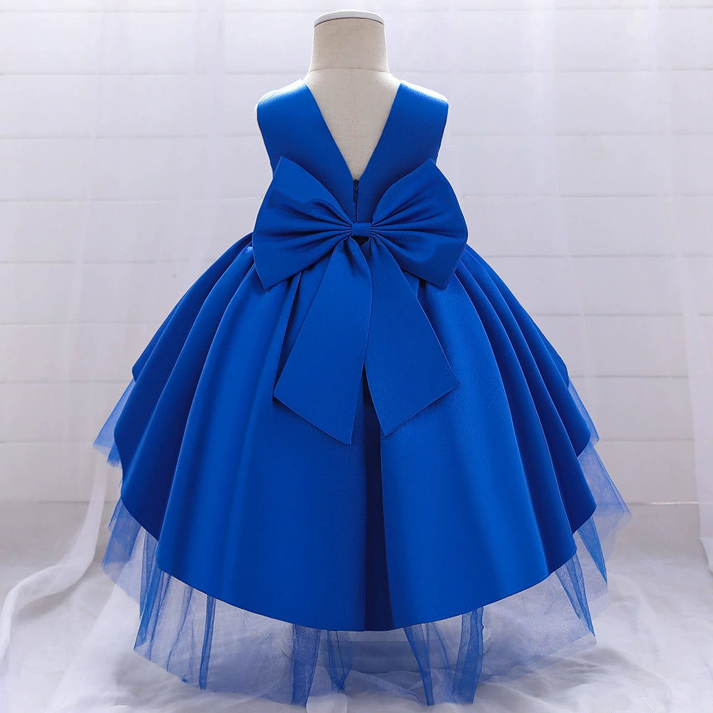 Royal Blue Satin Tea-Length Flower Girl Dress for Weddings – Princess Round Neckline for Special Occasions