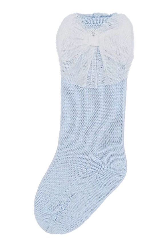 Baby Blue Gingham Tulle Bow Knee High Socks for Girls - Cute Lace Trimmed Cotton Blend Socks for Toddler Dress Up, Photoshoot & Special Occasions