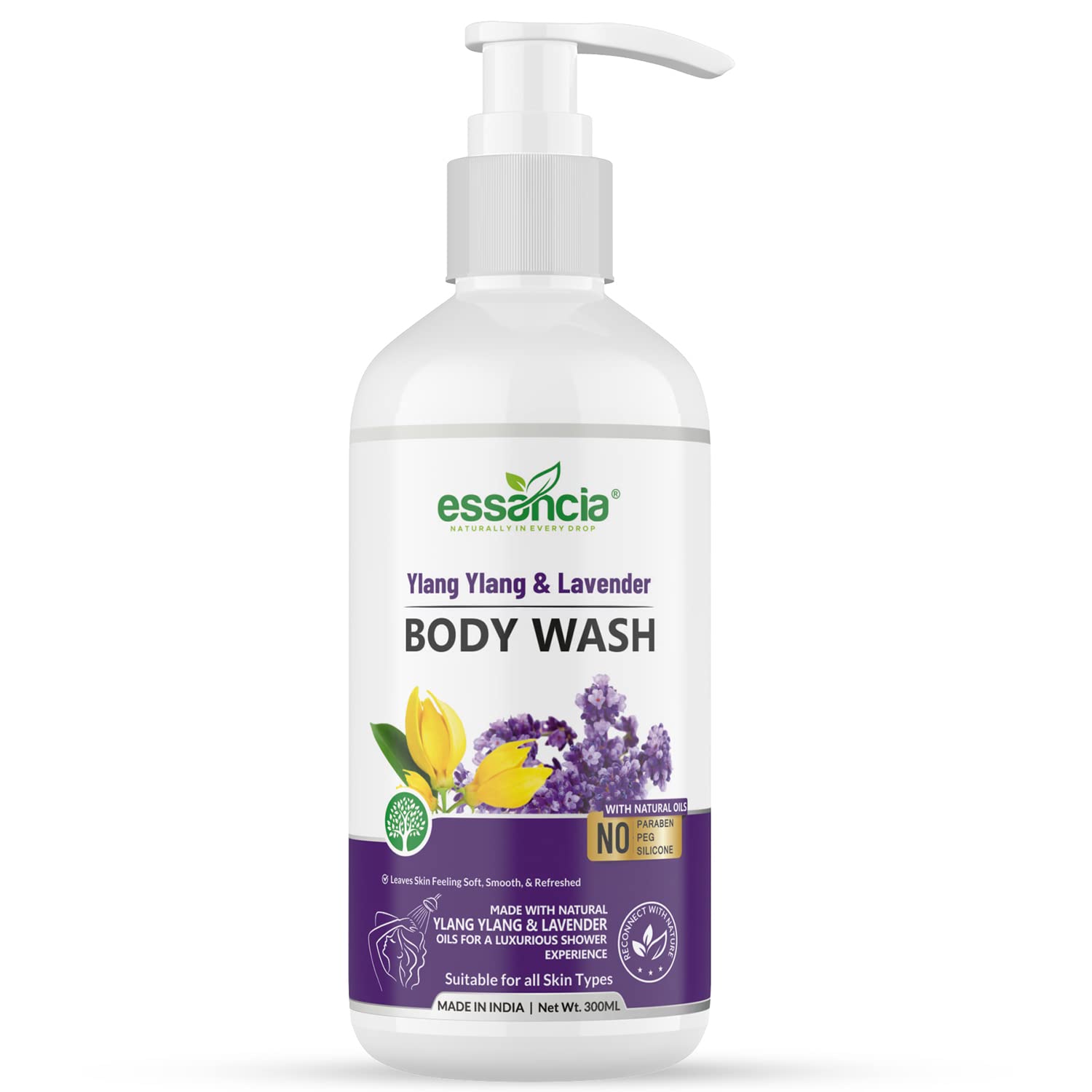 Essencia Ylang Ylang & Lavender Body Wash Gel - Paraben Free, Silicone Free, Relaxing & Refreshing Shower Gel for Men & Women (300ml) - Perfect for Stress Relief & Aromatherapy Bath Time