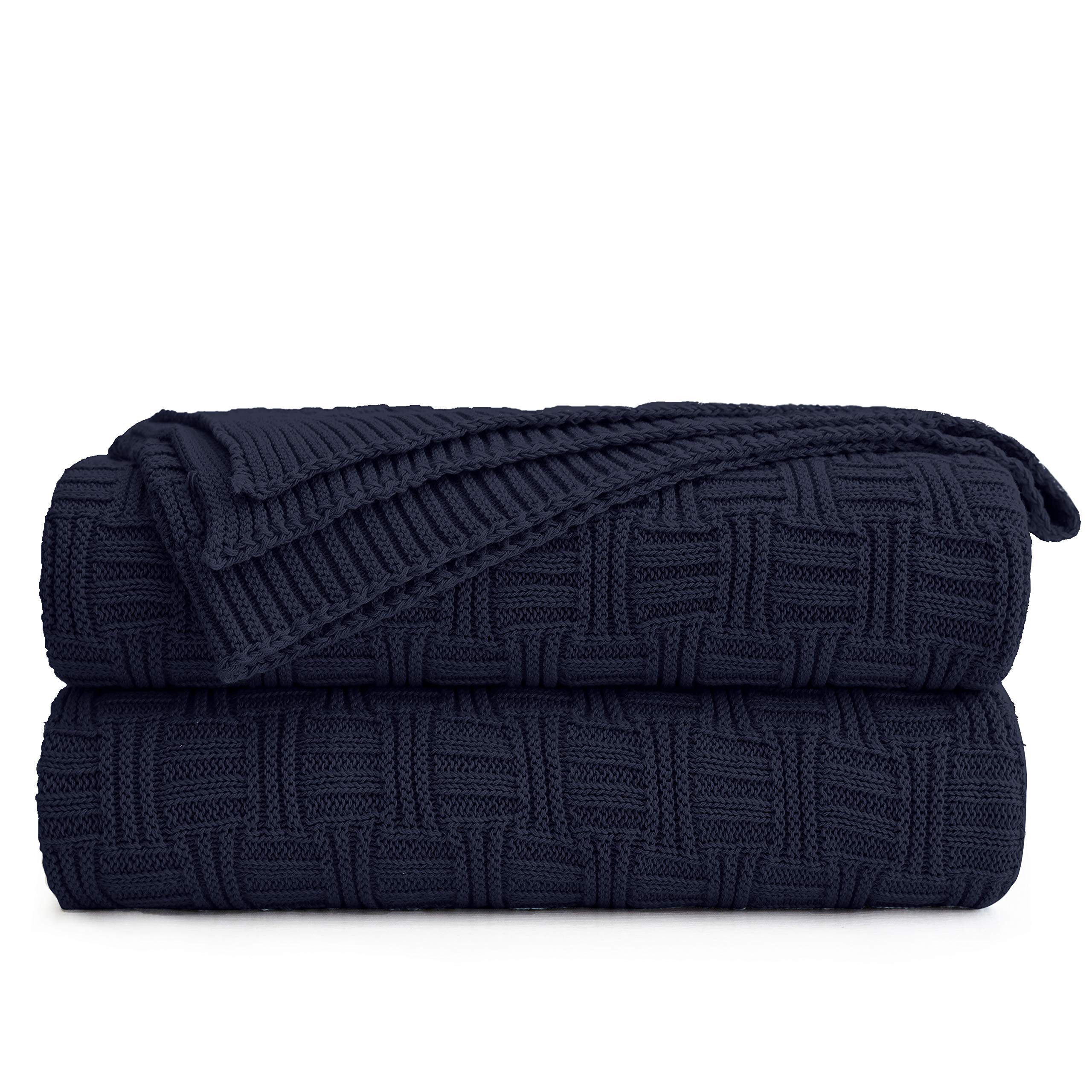 Premium Navy Blue Cable Knit Throw Blanket - Soft Cotton 50
