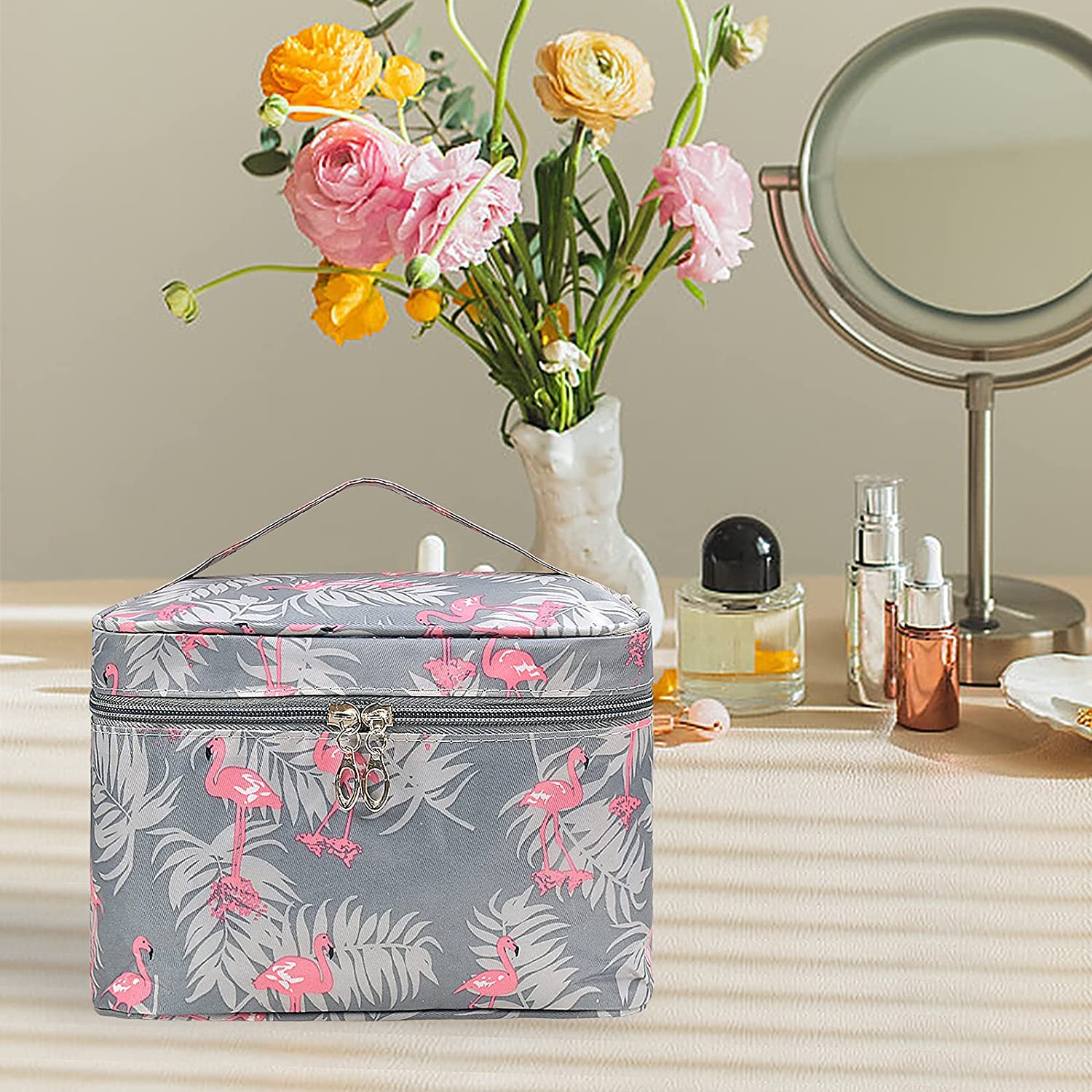 House of Quirk Travel Toiletry Bag for Women - Large Portable Makeup Organizer with Zipper, Water-Resistant Cosmetic Case (Grey Flamingo Print) - Perfect for Vacation, Gym & Business Trips