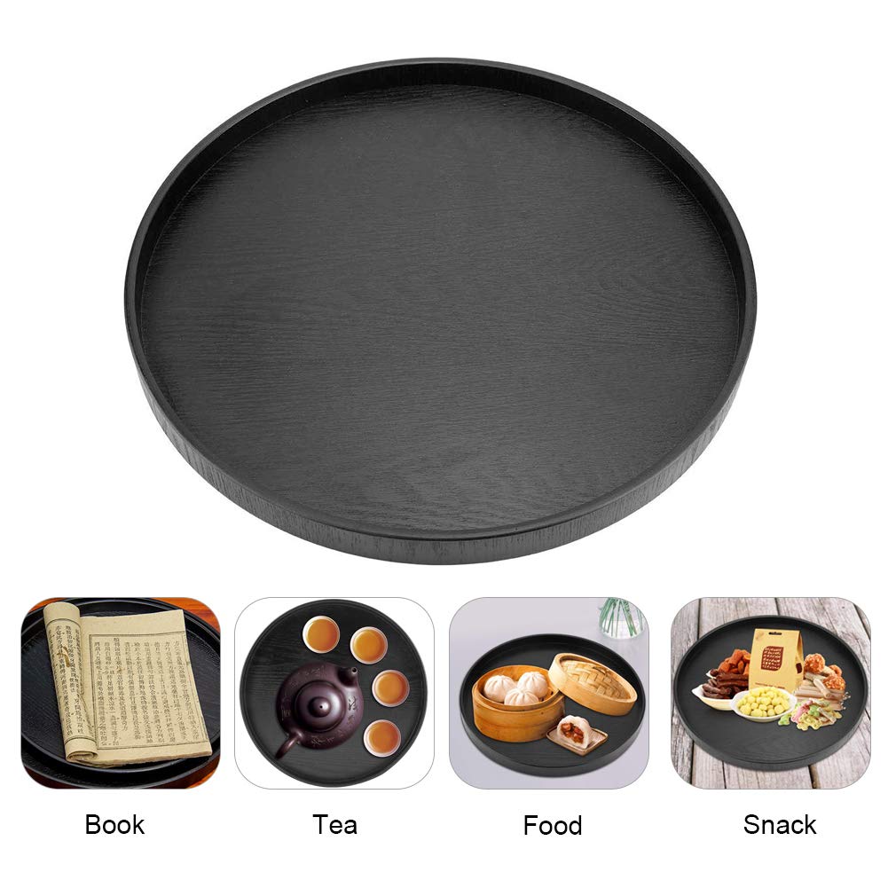Solid Wood Round Serving Tray for Tea, Coffee, Snacks & Meals - Black Wooden Party Bar Breakfast Tray for Home, Office & Outdoor Entertaining