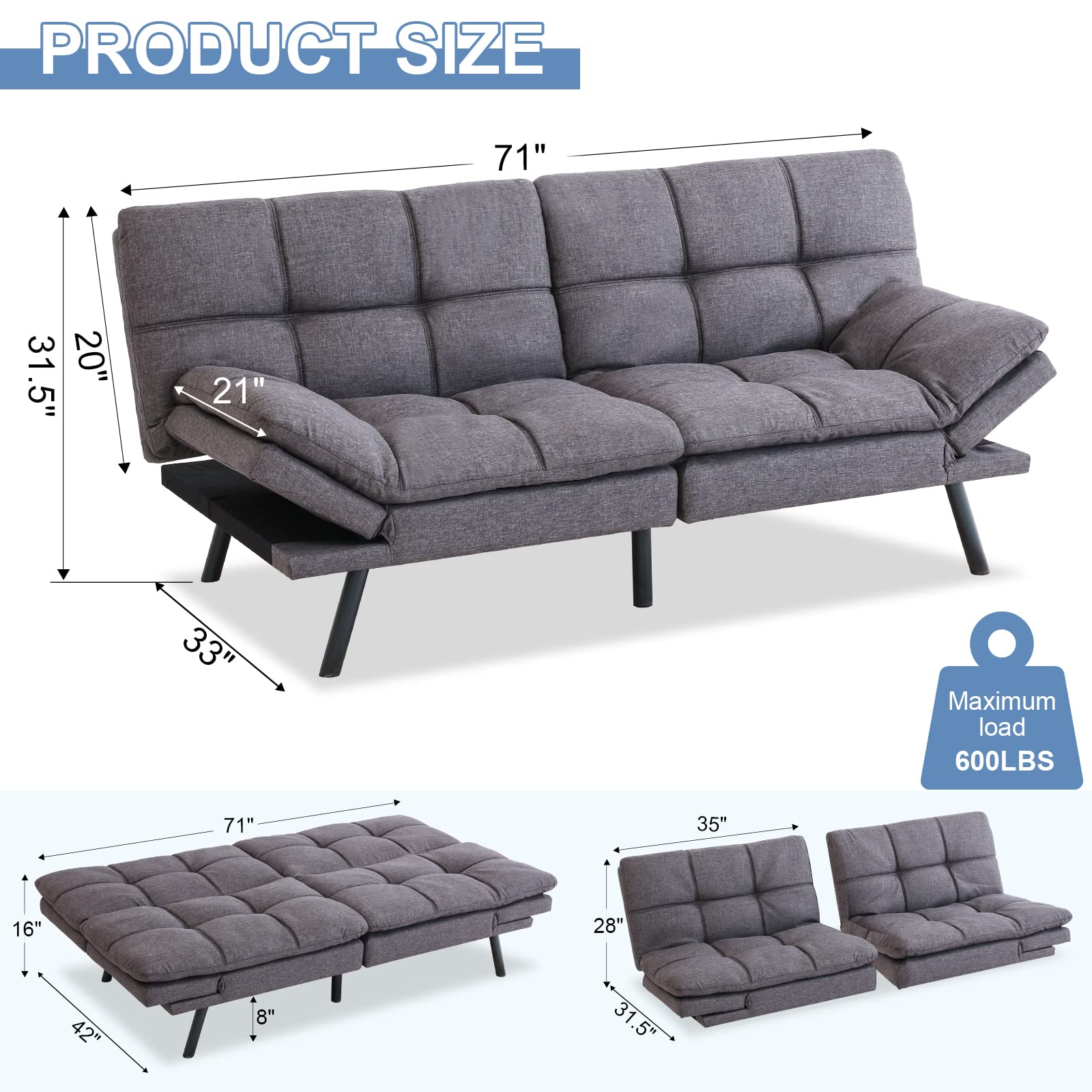 MUEGGM Convertible Futon Sofa Bed - 71