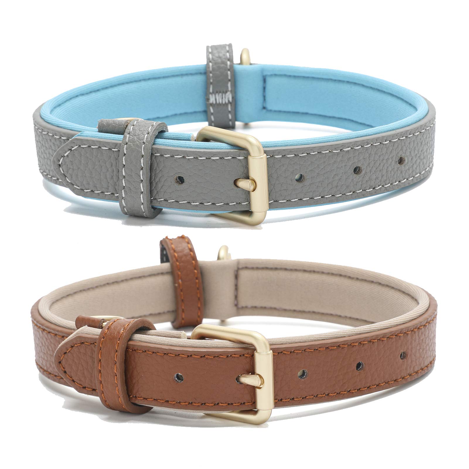 2 Pack Soft Padded Leather Dog Collar - Classic Breathable & Waterproof Collars for Small Medium Large Dogs (Grey/Brown) - Perfect for Daily Walks, Training & Outdoor Adventures
