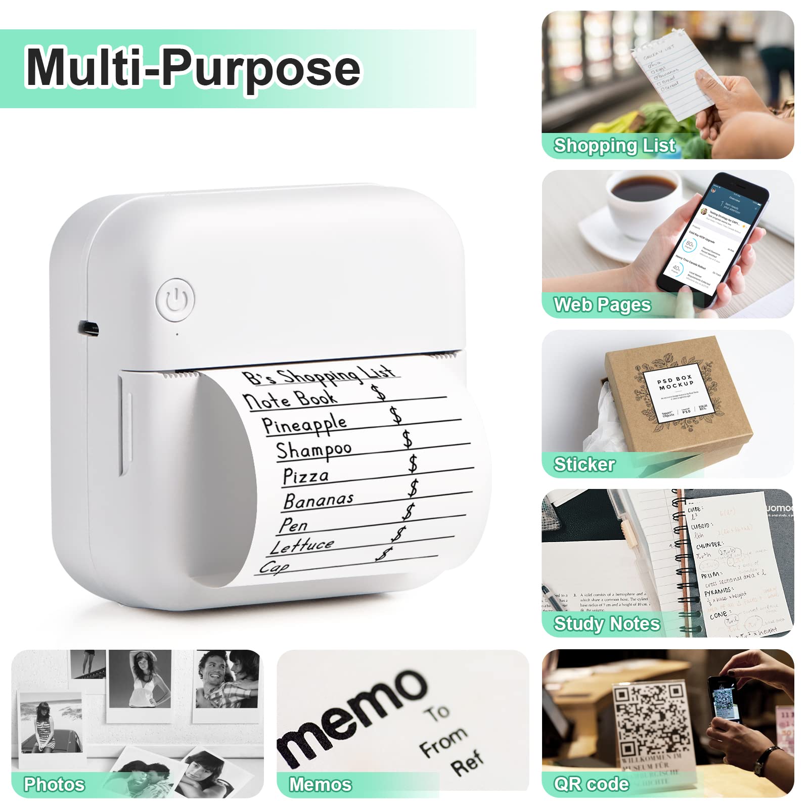 Portable Wireless Bluetooth Thermal Printer - Mini Pocket Printer with 6 Rolls of Printing Paper, Compatible with Android & iOS Smartphones - Perfect for Receipts, Labels, Photos, Notes, and Memos at Home, Office, or On-the-Go