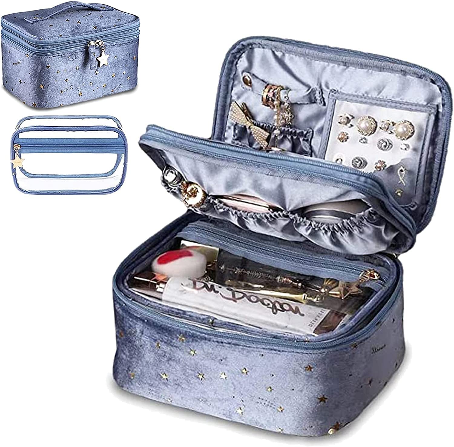 Large Capacity Velvet Cosmetic Bag - Double Layer Travel Makeup Organizer with Starry Design | Portable Storage Case for Skincare & Cosmetics (Blue) | Perfect for Travel, Home Organization & Gift Giving