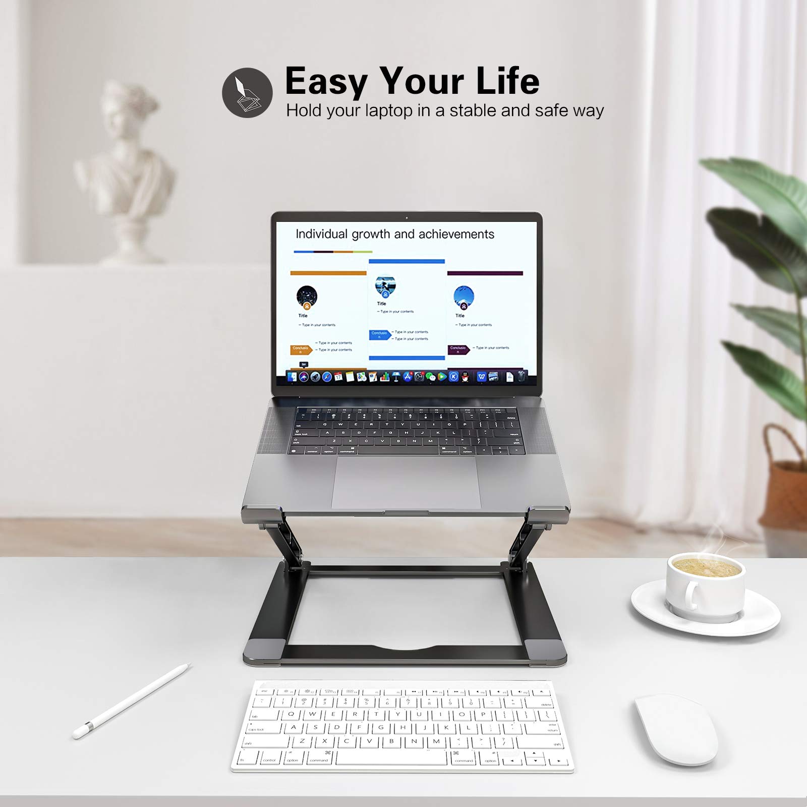 Aluminum Laptop Stand for Desk - Foldable, Portable, Height Adjustable Riser Holder for MacBook, Air, Pro, Dell XPS, HP, All 10-17.3 Inch Laptops - Perfect for Home Office, Gaming, and Study