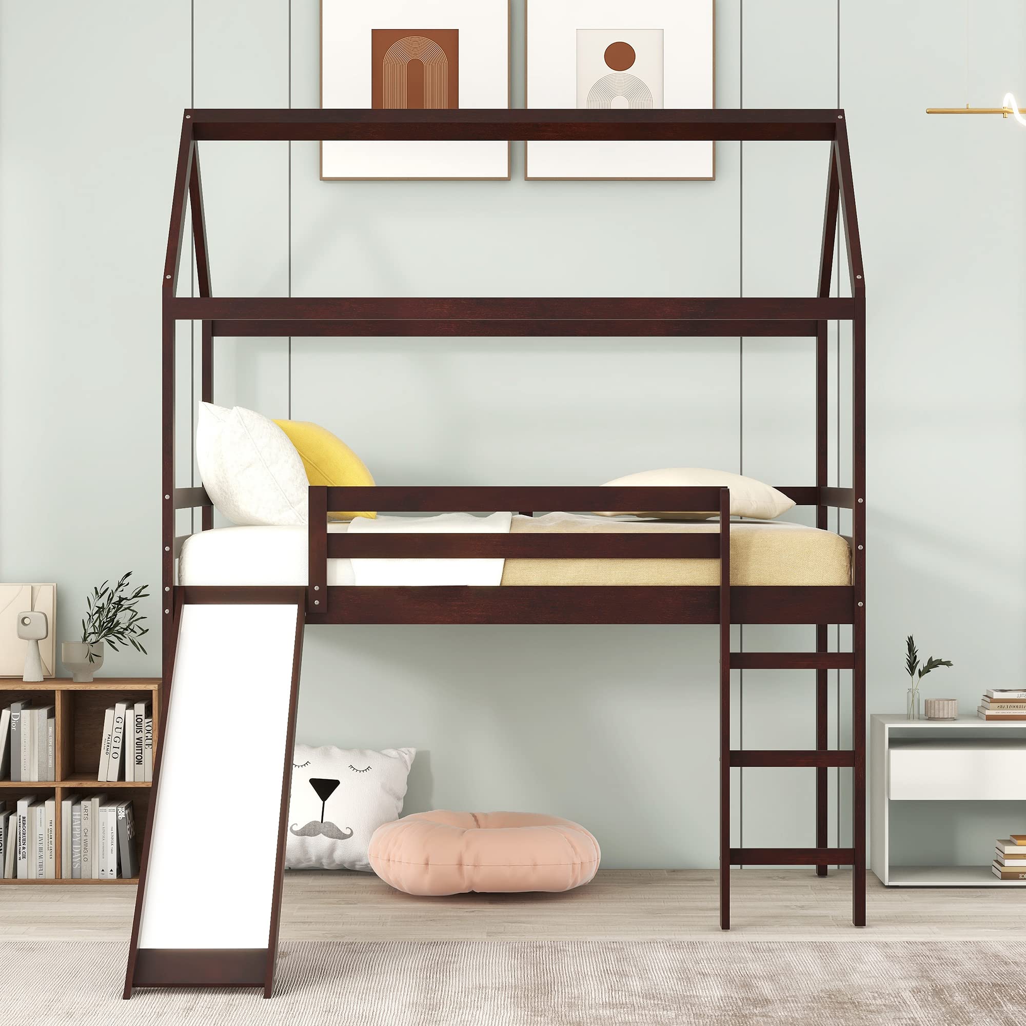 Merax Twin Size Loft Bed with Slide - House Shaped Kids Bunk Bed Frame with Ladder & Slats, No Box Spring Needed | Perfect Space-Saving Solution for Boys & Girls Bedrooms, Playrooms & Small Spaces