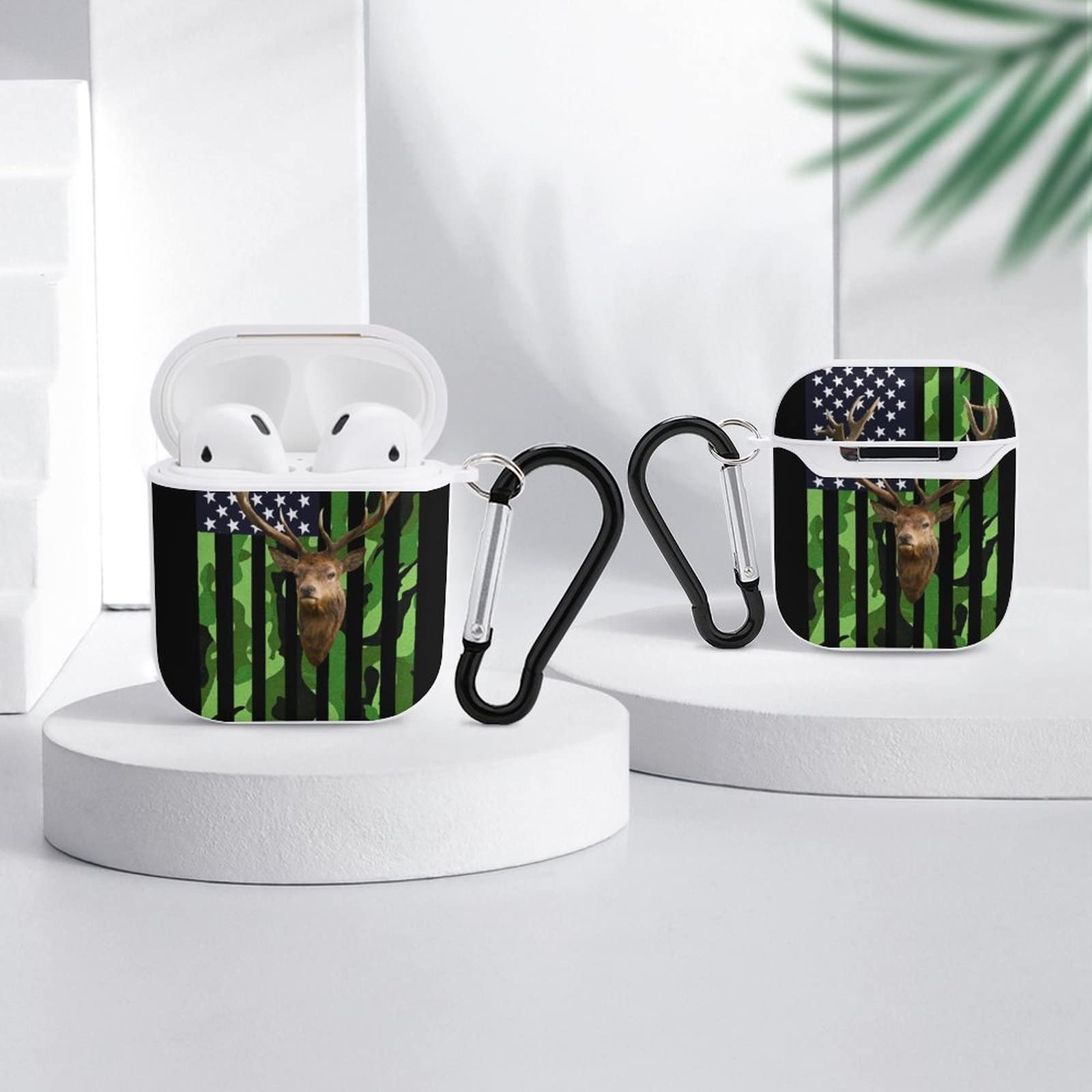 Deer Camo AirPods 1/2 Case with Keychain - Soft Plastic Protective Cover for Wireless Charging | Hunting Green Camouflage Design | Perfect for Outdoor Adventures & American Flag Enthusiasts